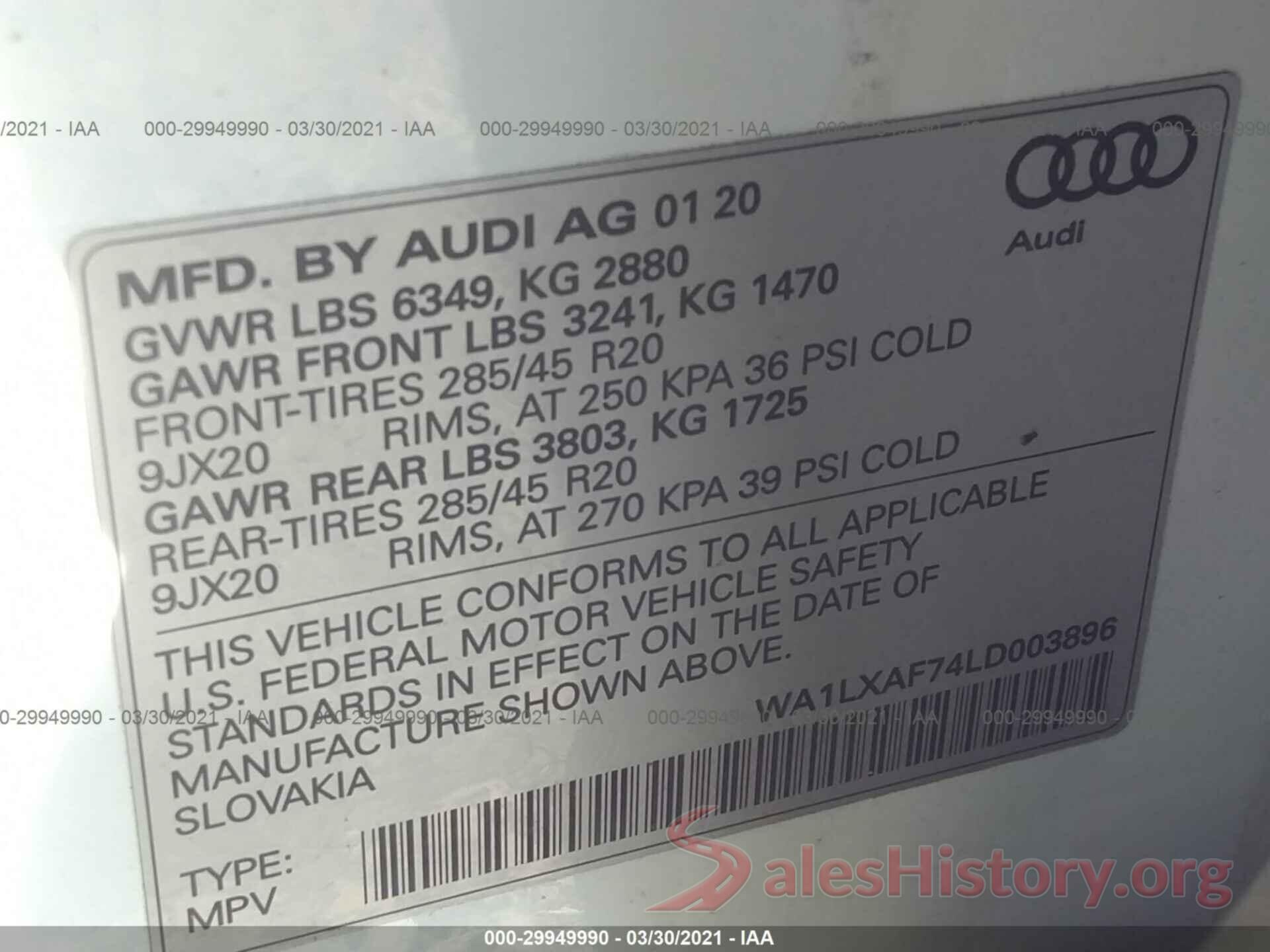 WA1LXAF74LD003896 2020 AUDI Q7