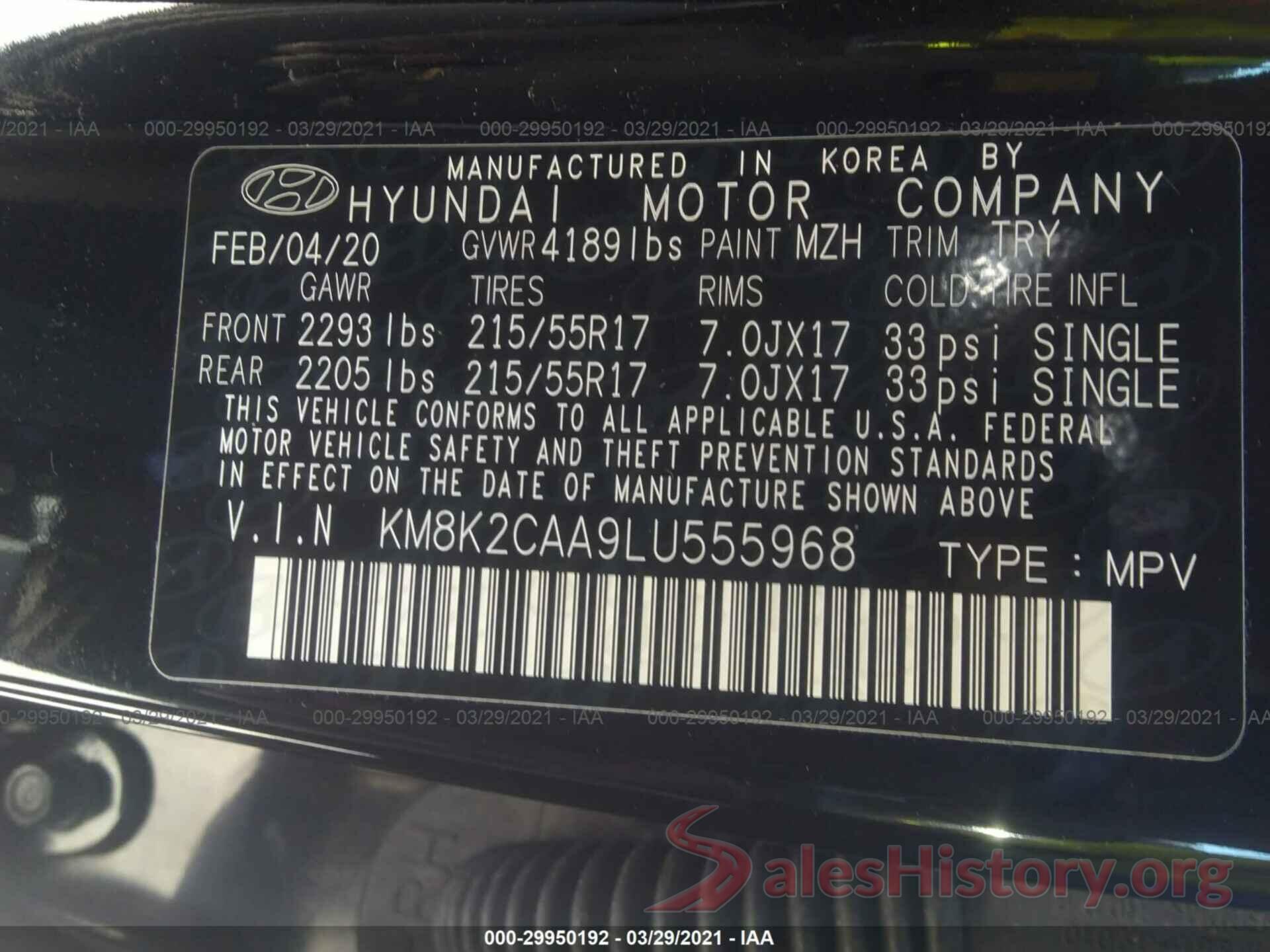 KM8K2CAA9LU555968 2020 HYUNDAI KONA