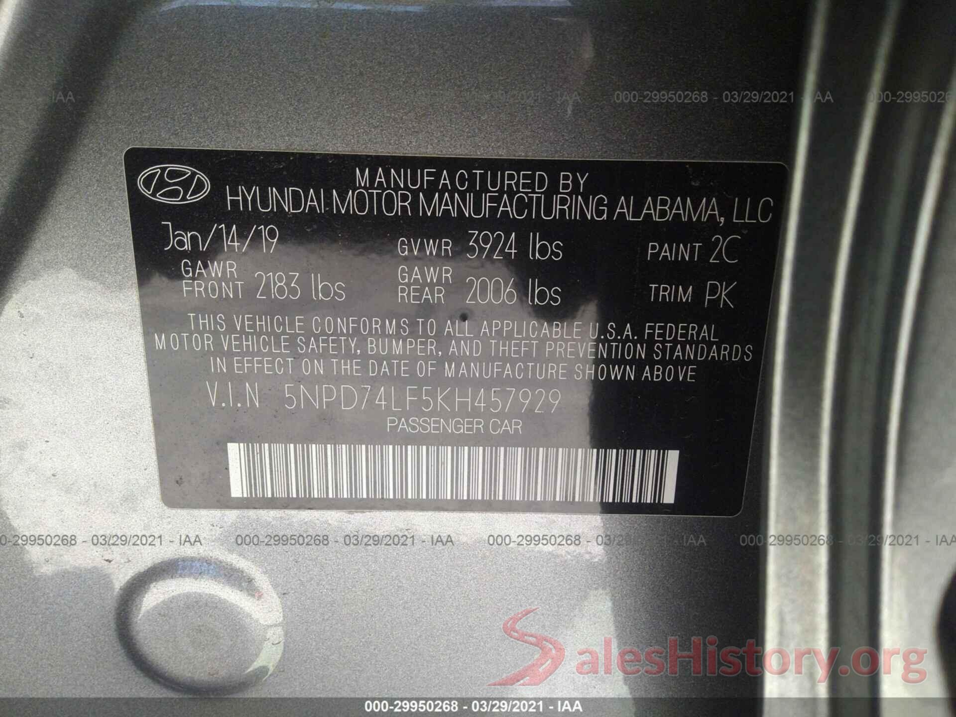 5NPD74LF5KH457929 2019 HYUNDAI ELANTRA