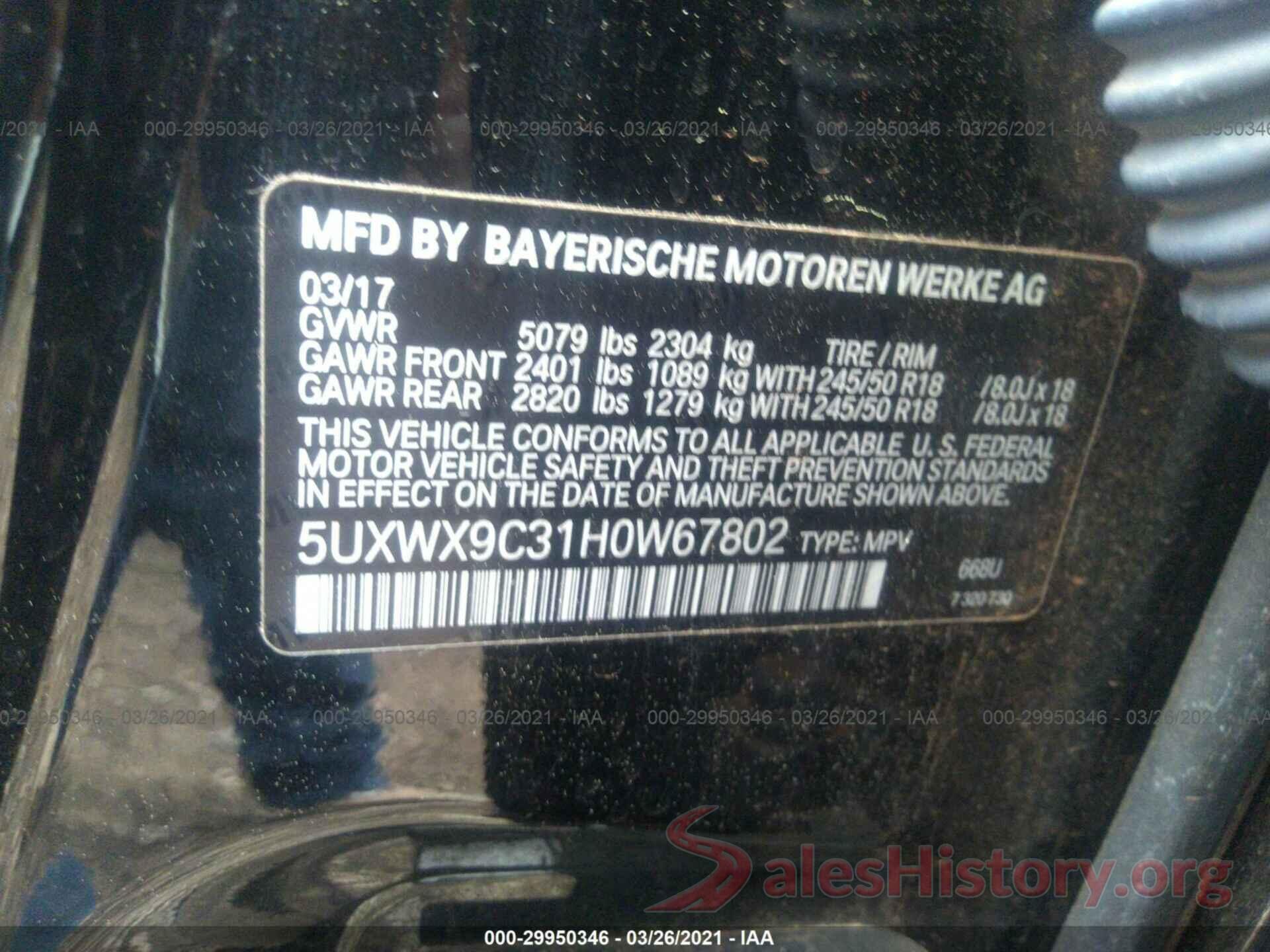 5UXWX9C31H0W67802 2017 BMW X3