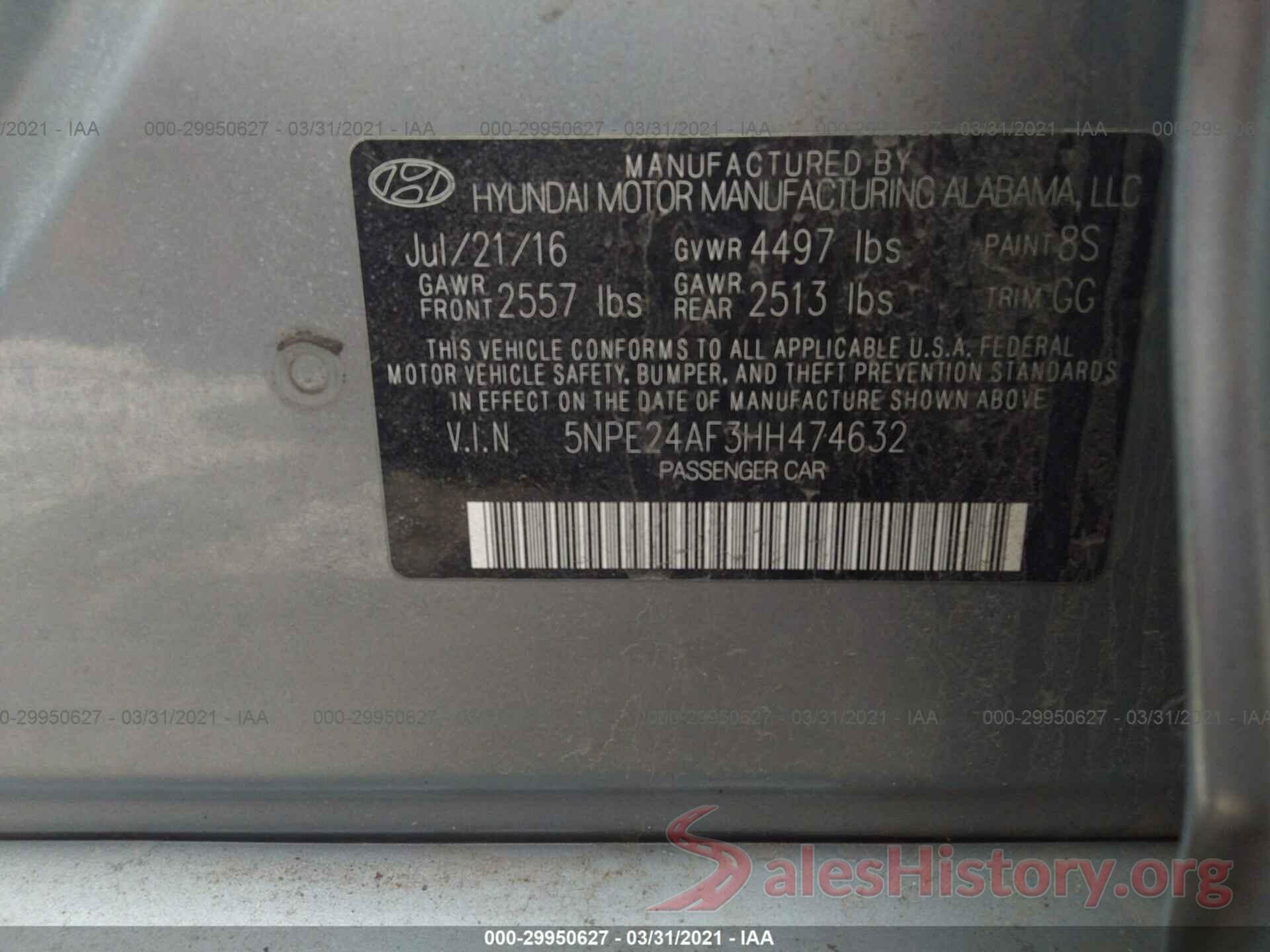 5NPE24AF3HH474632 2017 HYUNDAI SONATA