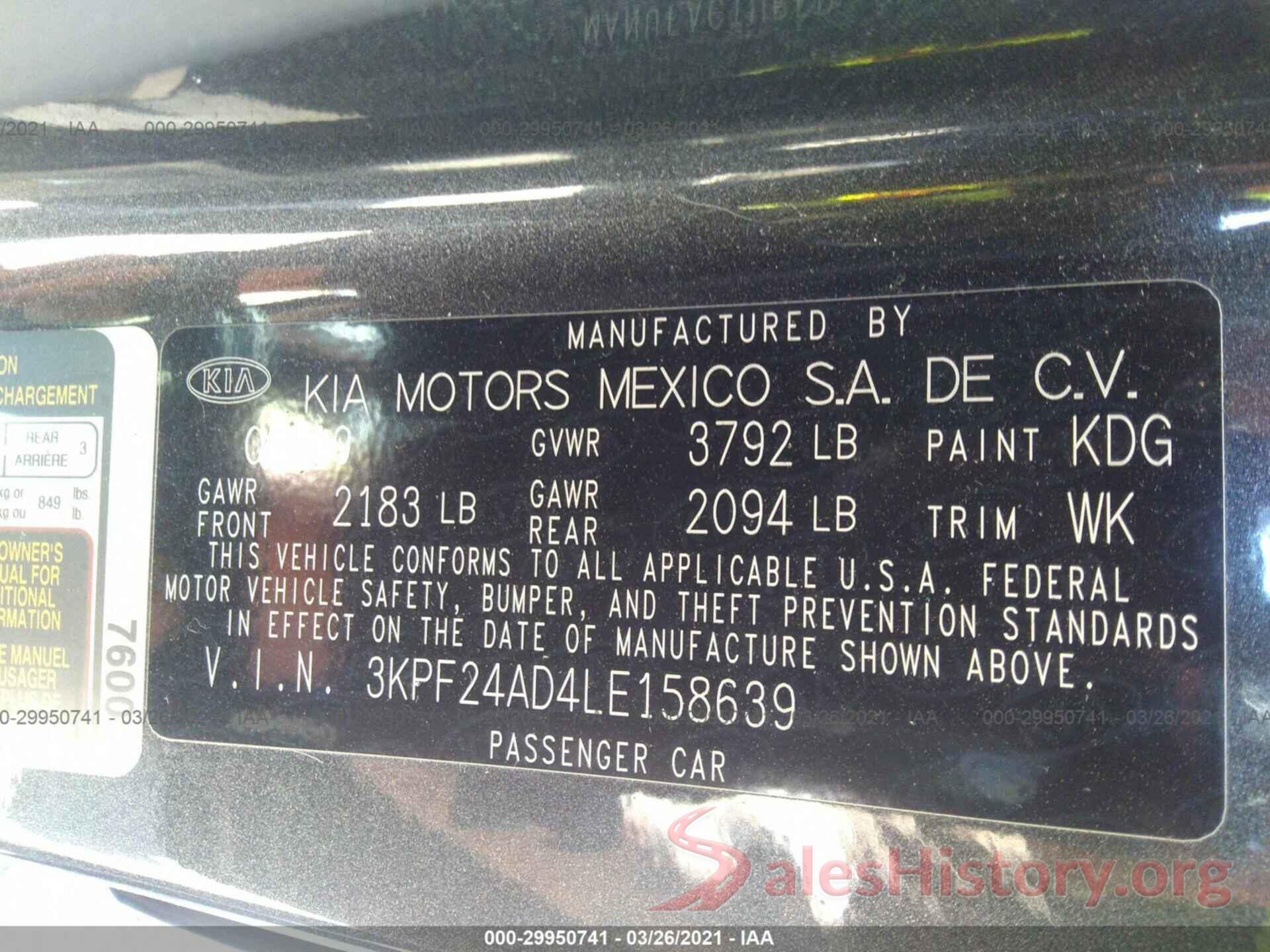 3KPF24AD4LE158639 2020 KIA FORTE