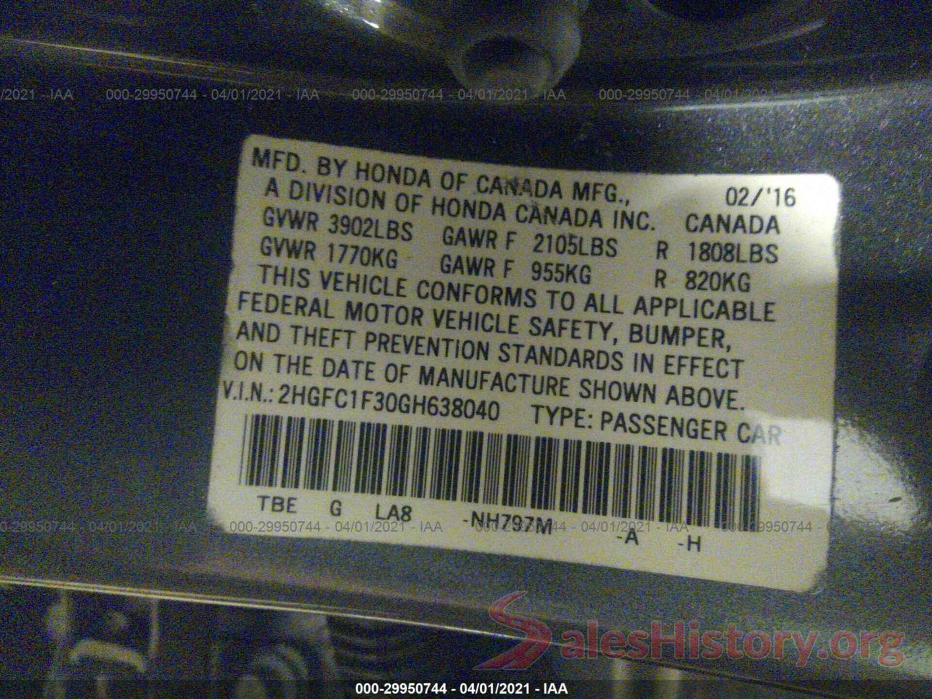 2HGFC1F30GH638040 2016 HONDA CIVIC SEDAN