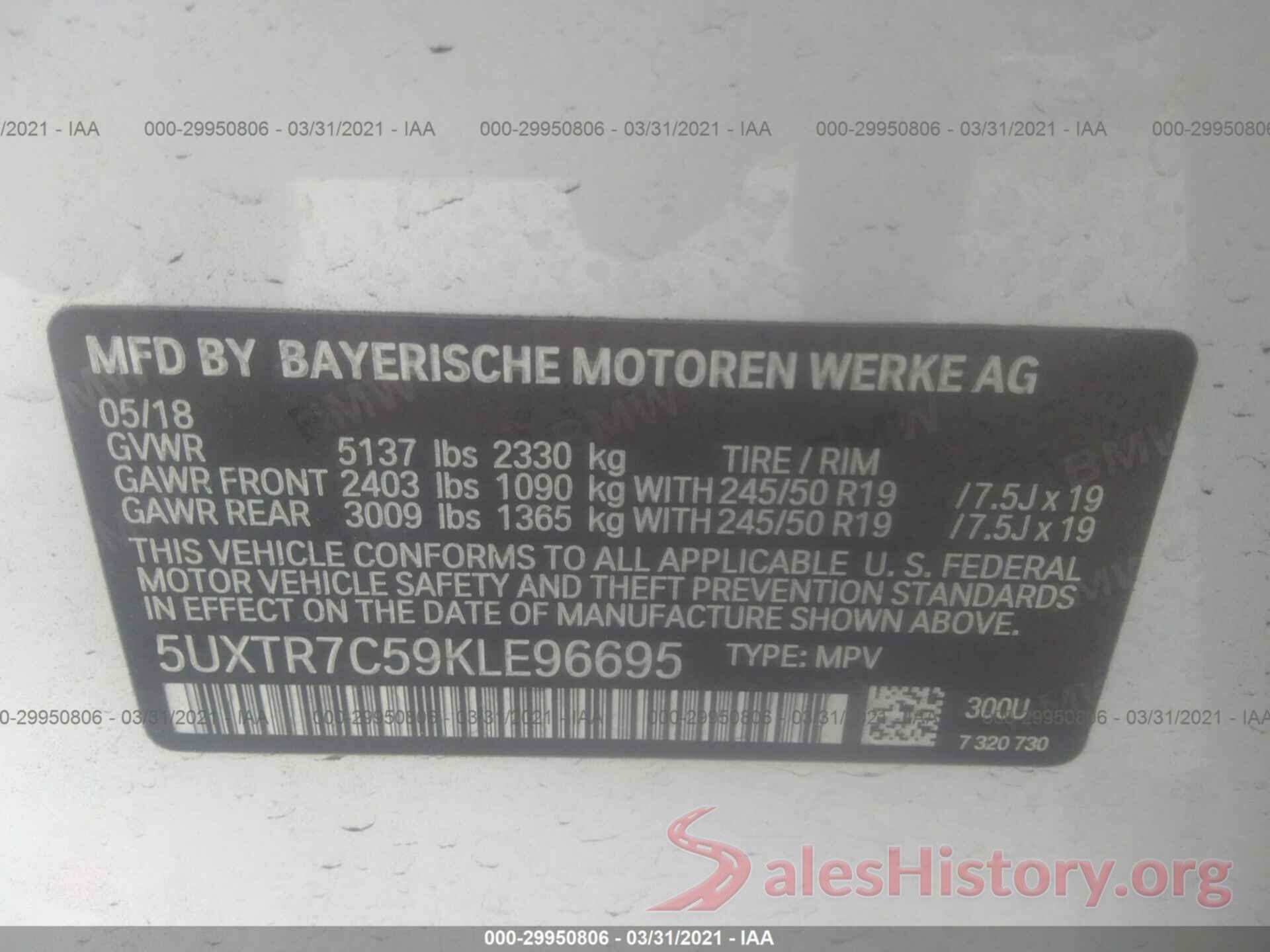 5UXTR7C59KLE96695 2019 BMW X3