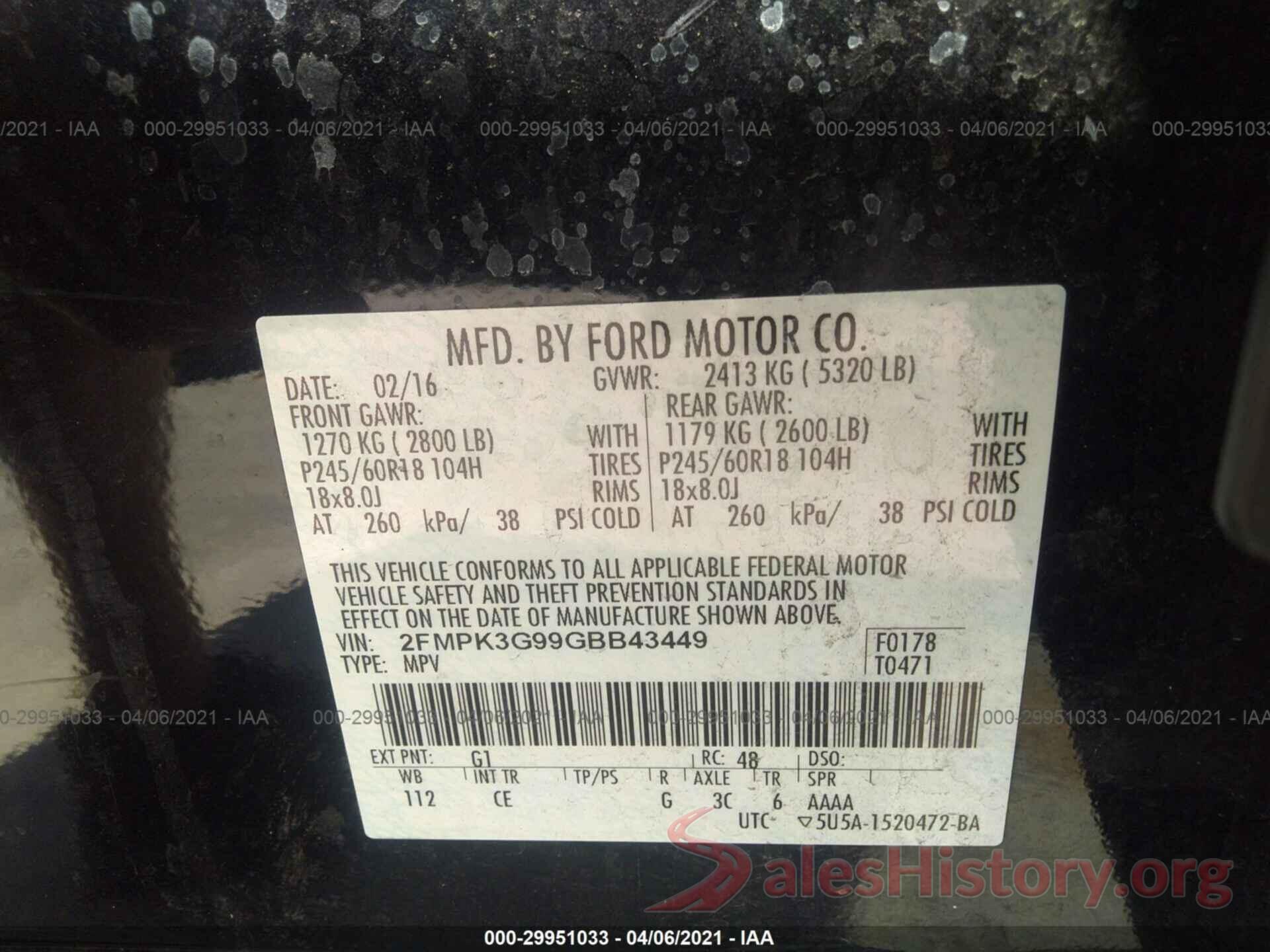 2FMPK3G99GBB43449 2016 FORD EDGE