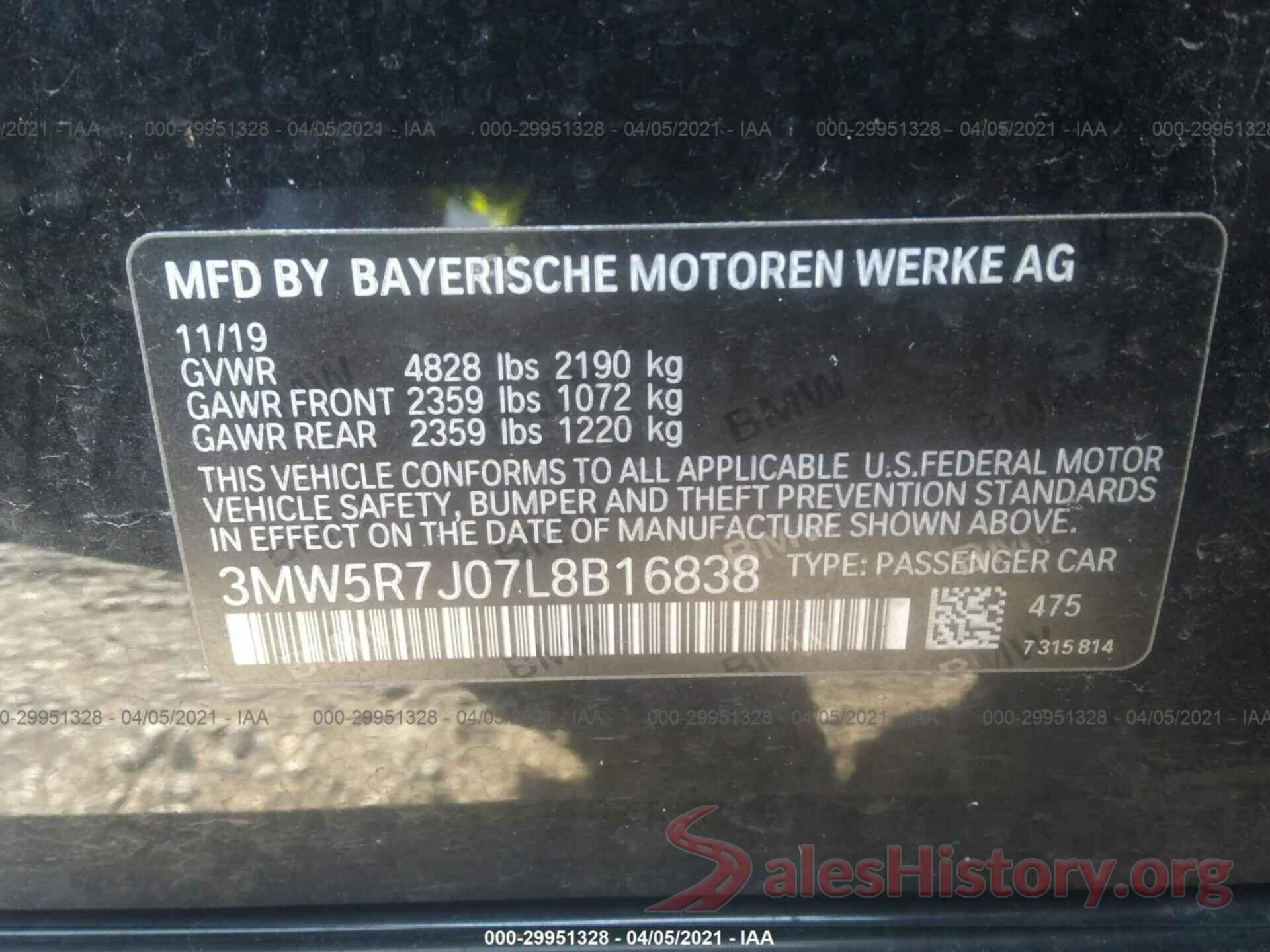 3MW5R7J07L8B16838 2020 BMW 3 SERIES