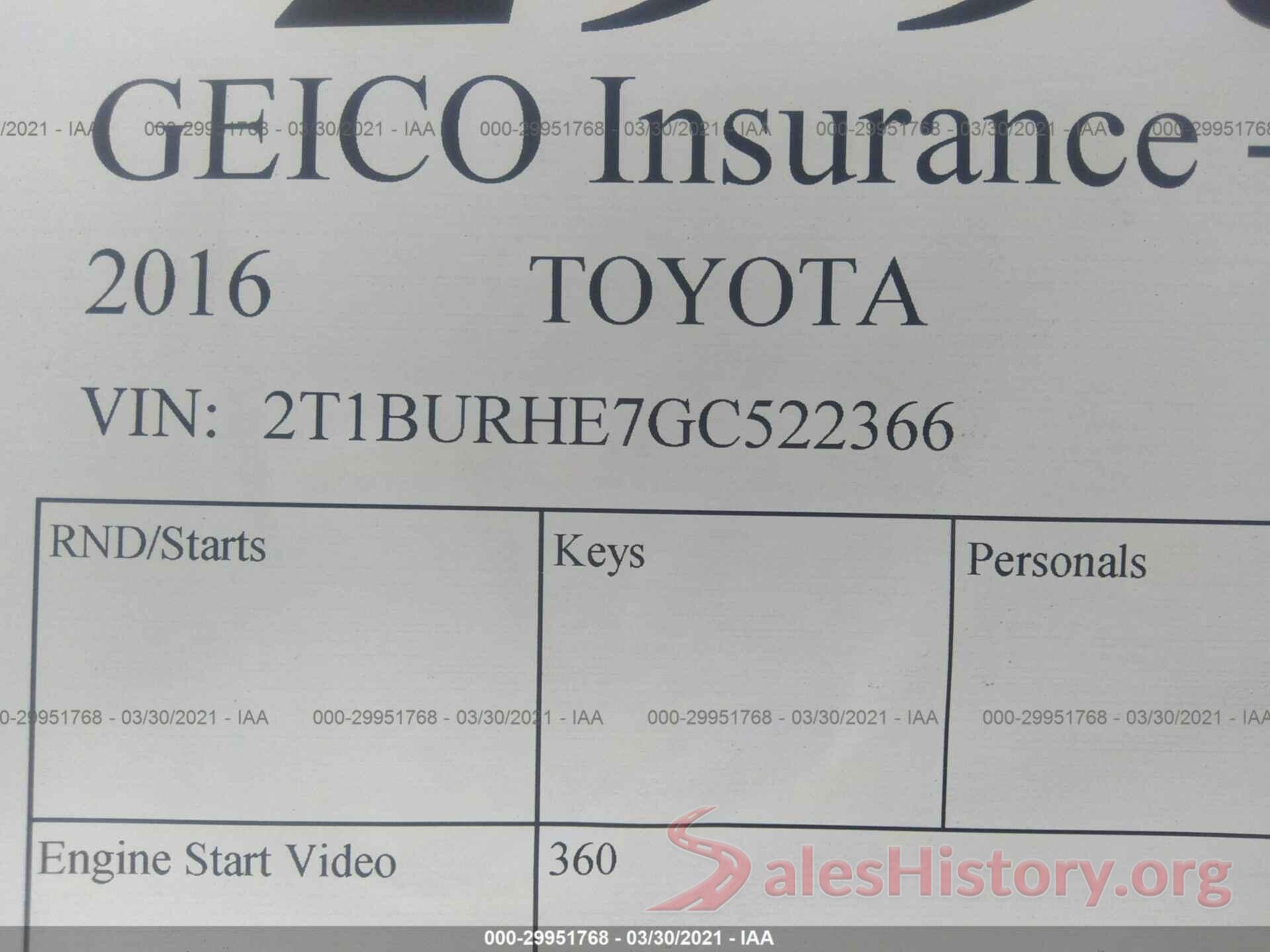 2T1BURHE7GC522366 2016 TOYOTA COROLLA