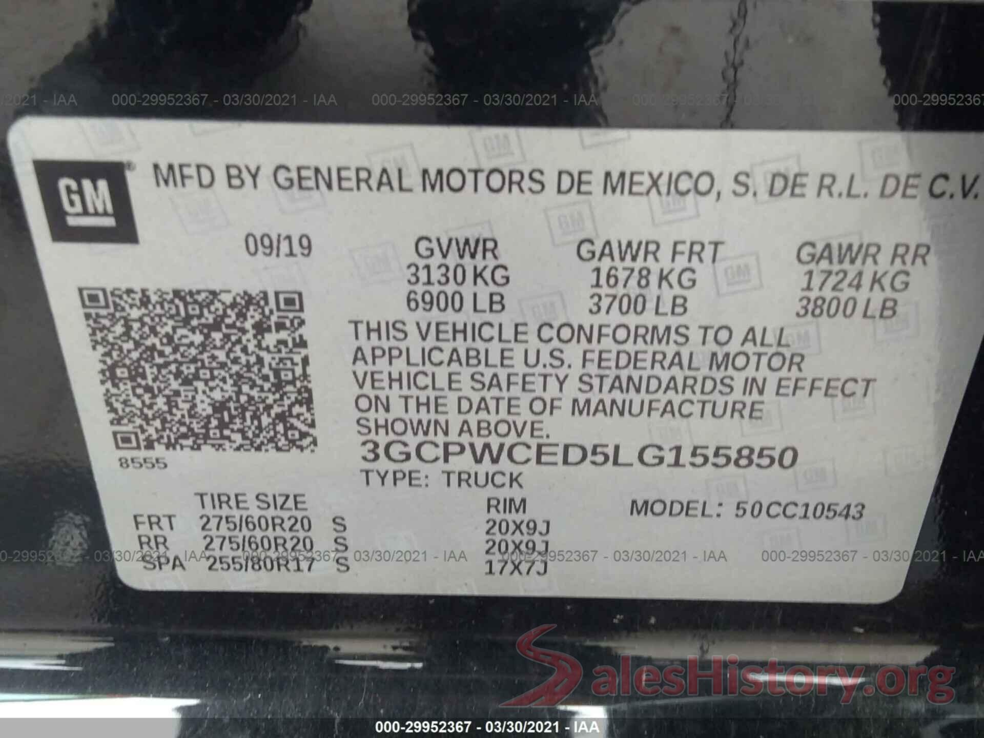 3GCPWCED5LG155850 2020 CHEVROLET SILVERADO 1500