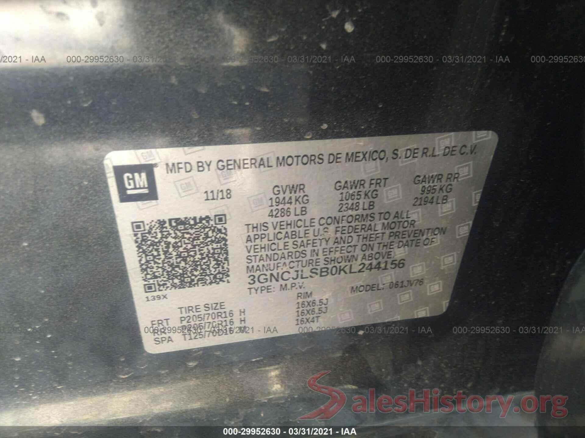 3GNCJLSB0KL244156 2019 CHEVROLET TRAX