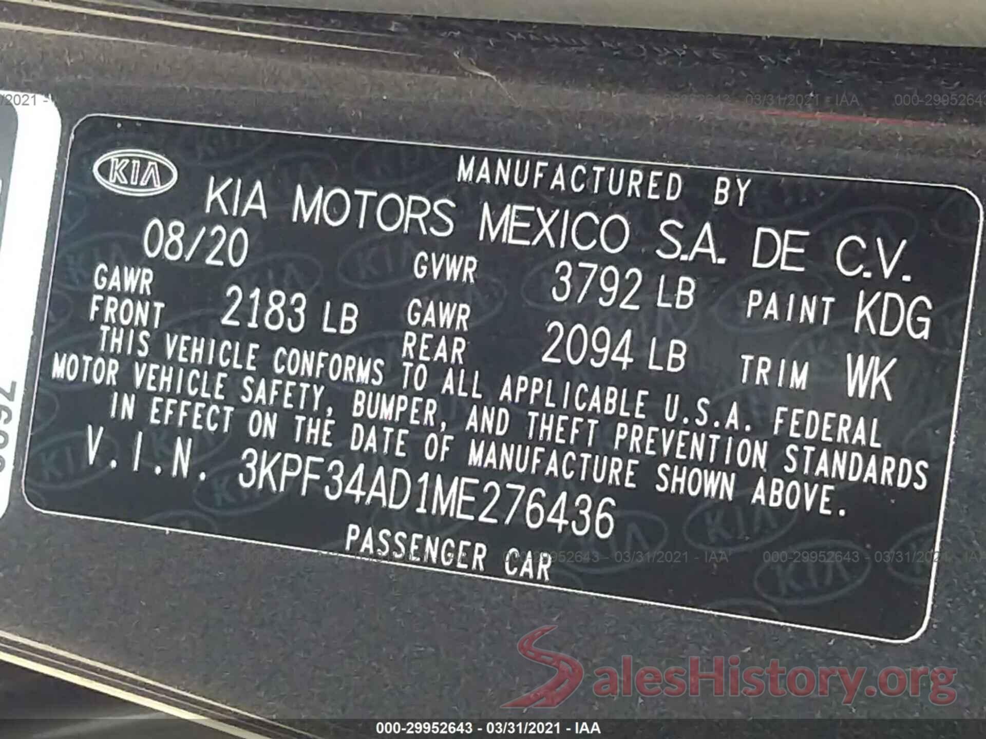 3KPF34AD1ME276436 2021 KIA FORTE