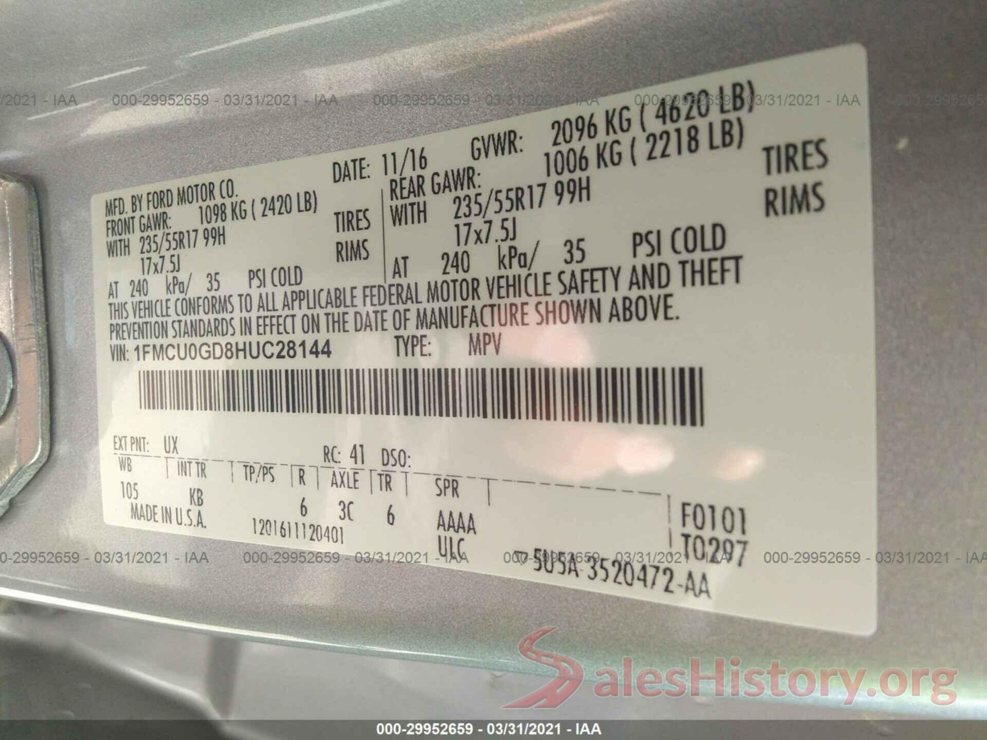 1FMCU0GD8HUC28144 2017 FORD ESCAPE