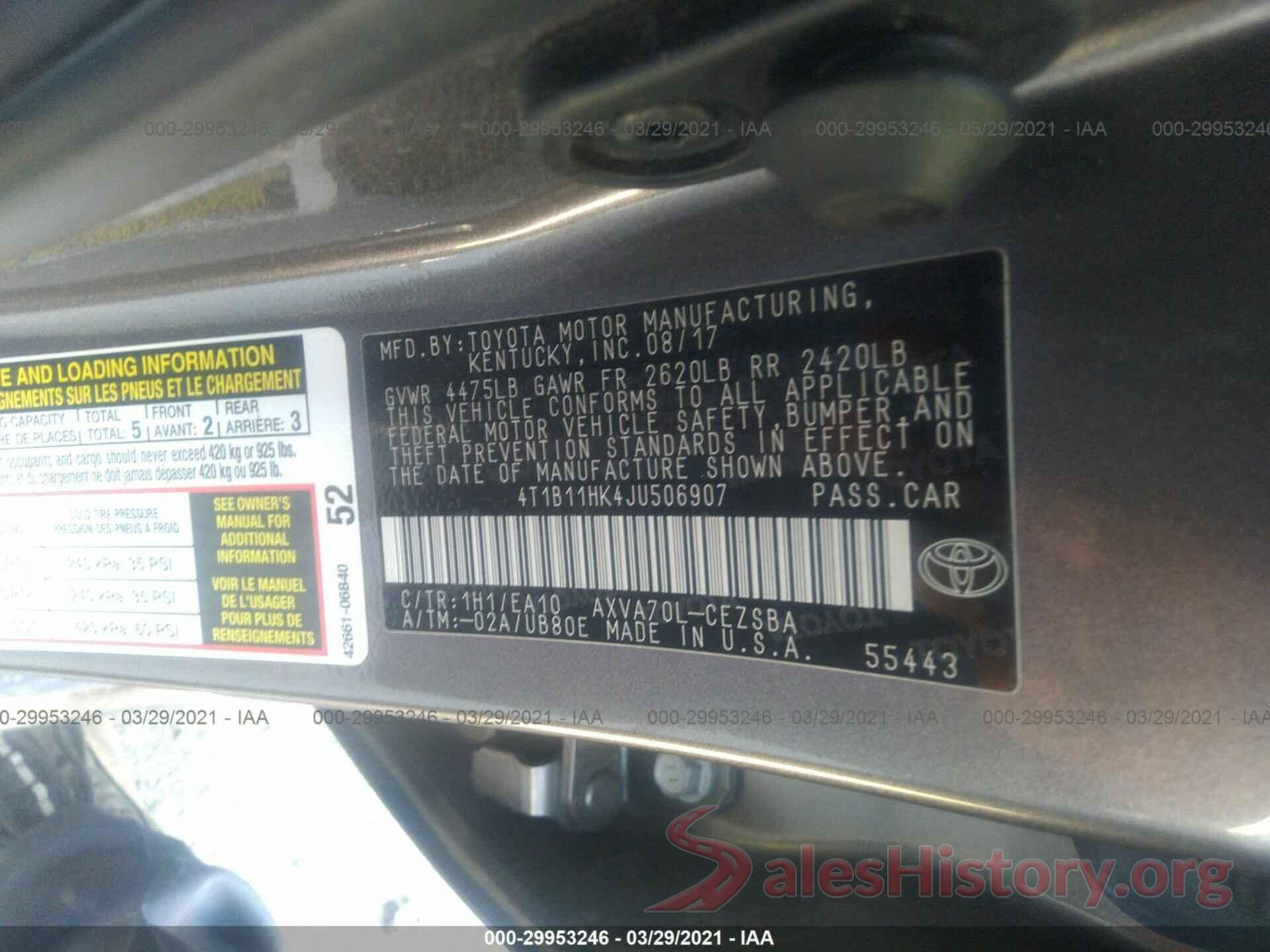 4T1B11HK4JU506907 2018 TOYOTA CAMRY