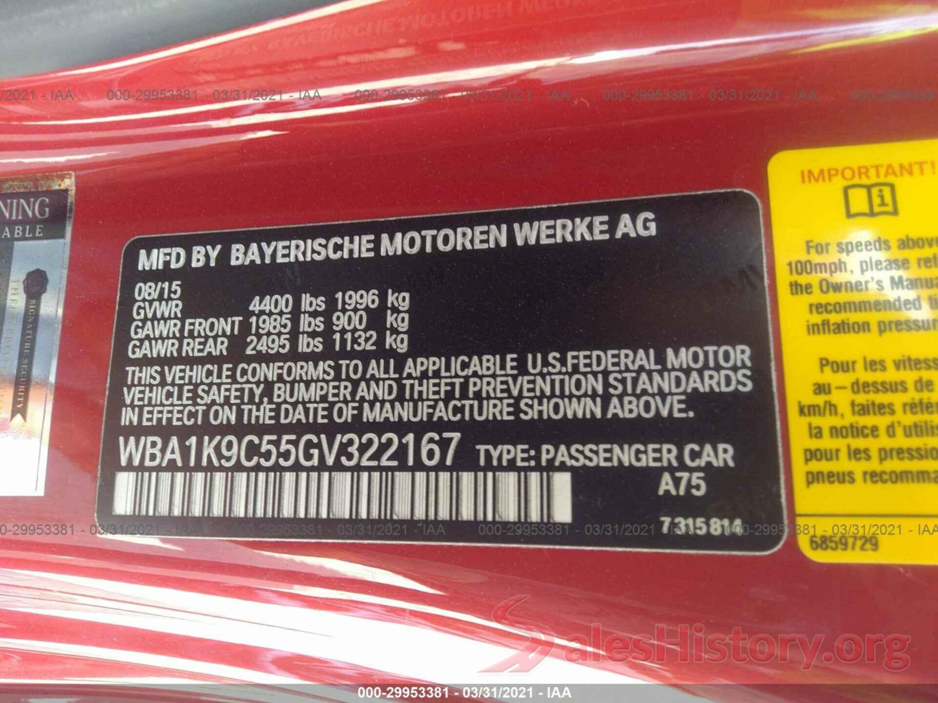 WBA1K9C55GV322167 2016 BMW 2 SERIES