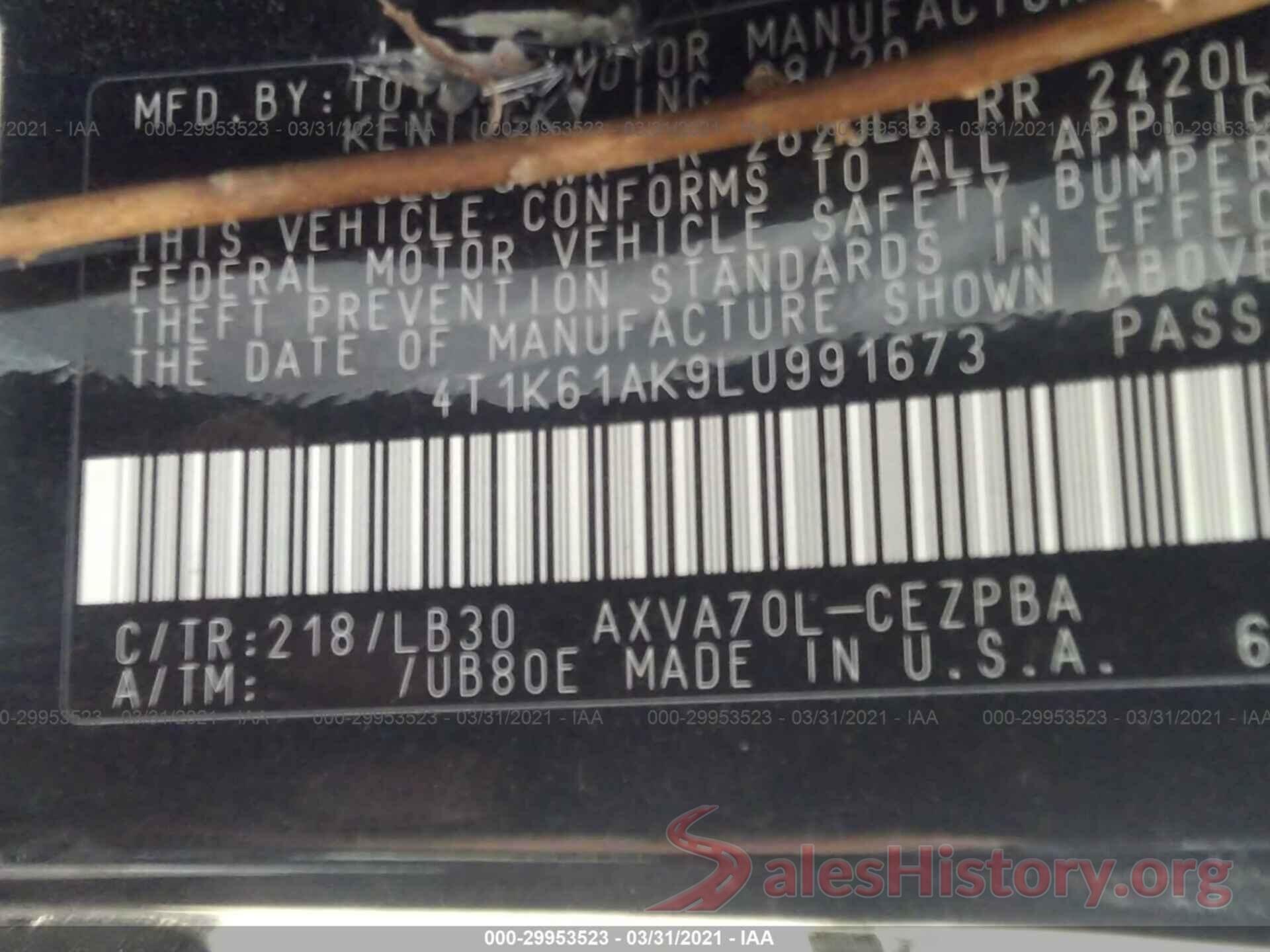 4T1K61AK9LU991673 2020 TOYOTA CAMRY