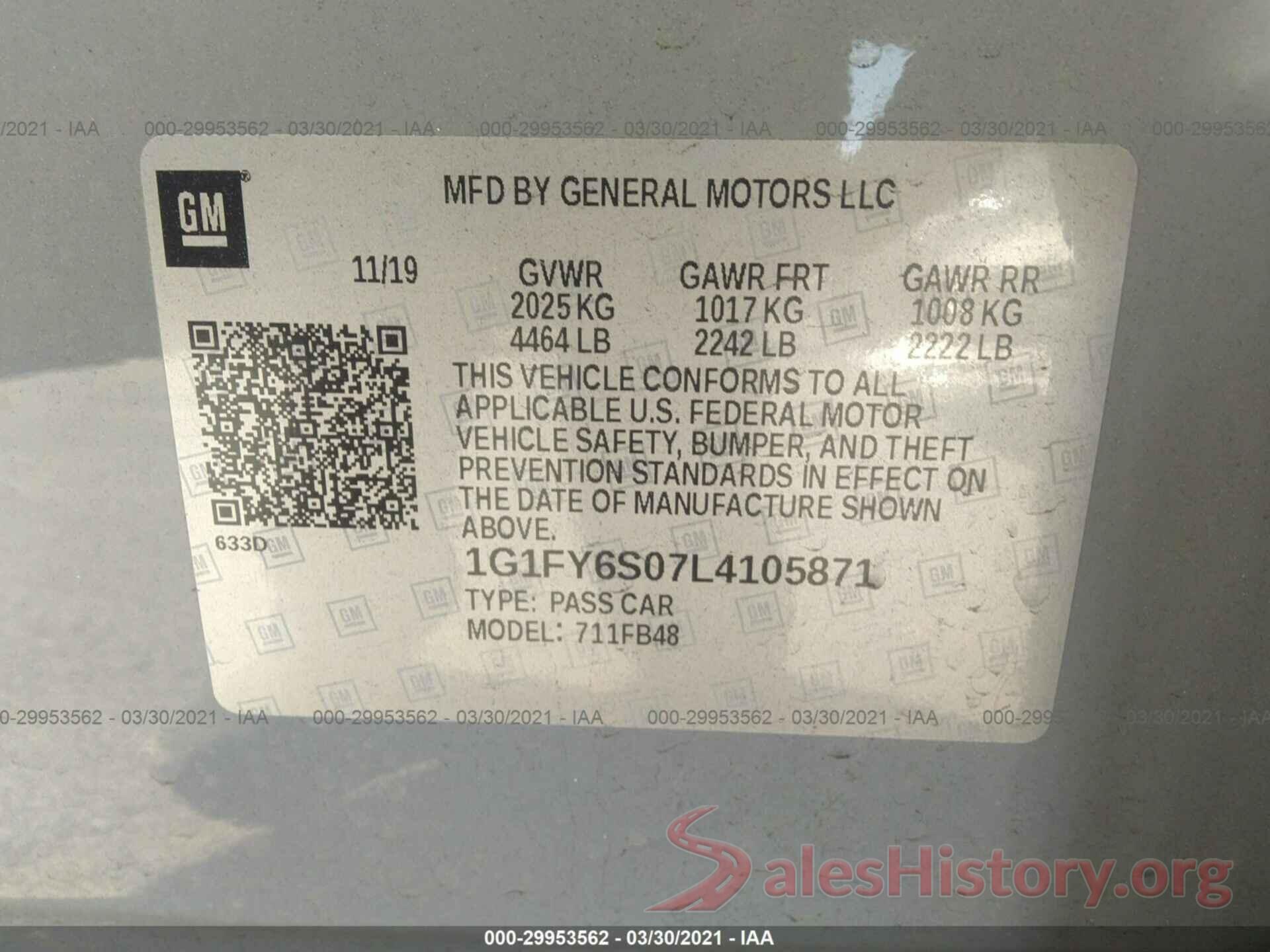 1G1FY6S07L4105871 2020 CHEVROLET BOLT EV