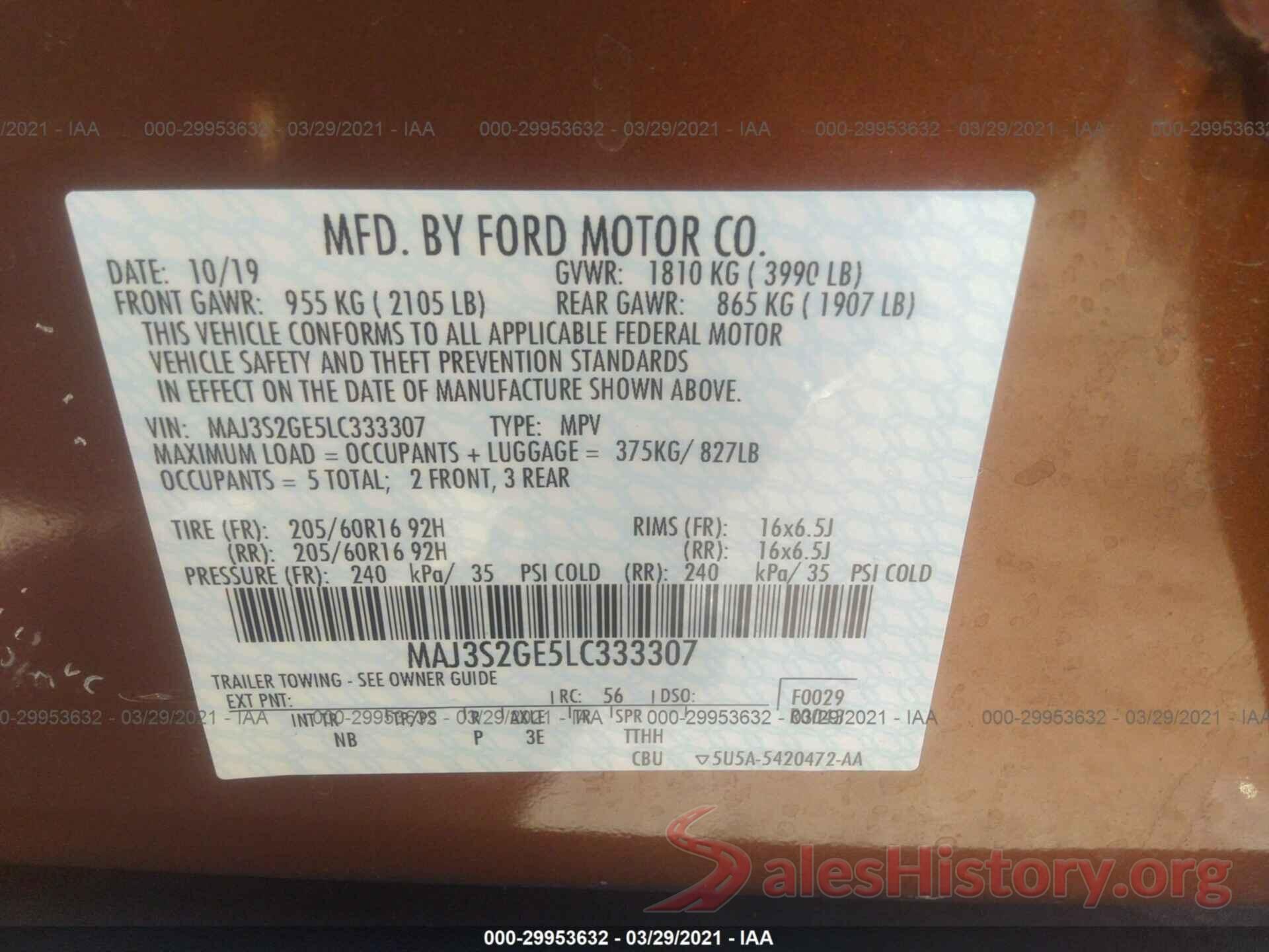 MAJ3S2GE5LC333307 2020 FORD ECOSPORT