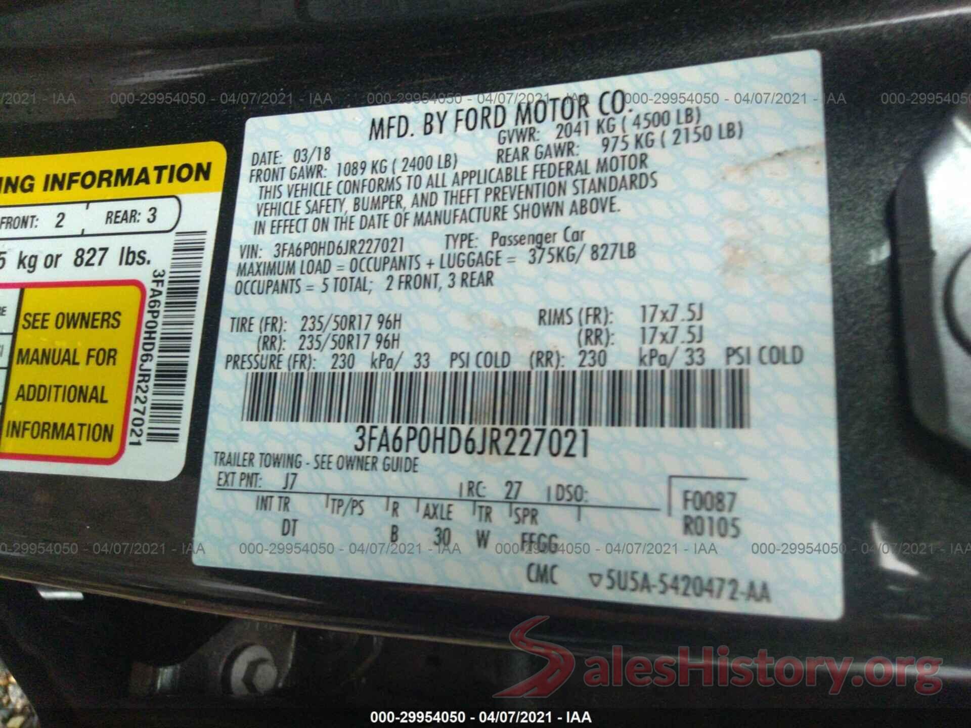 3FA6P0HD6JR227021 2018 FORD FUSION