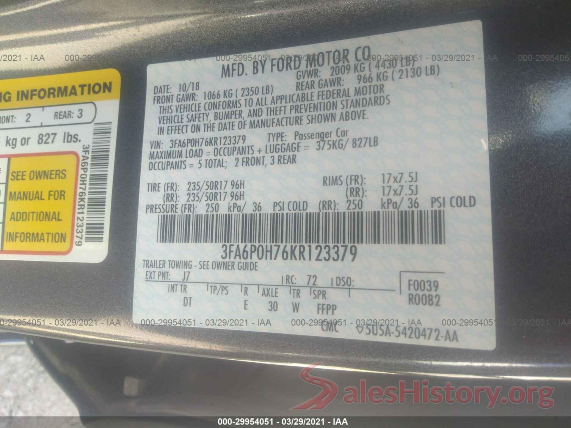 3FA6P0H76KR123379 2019 FORD FUSION