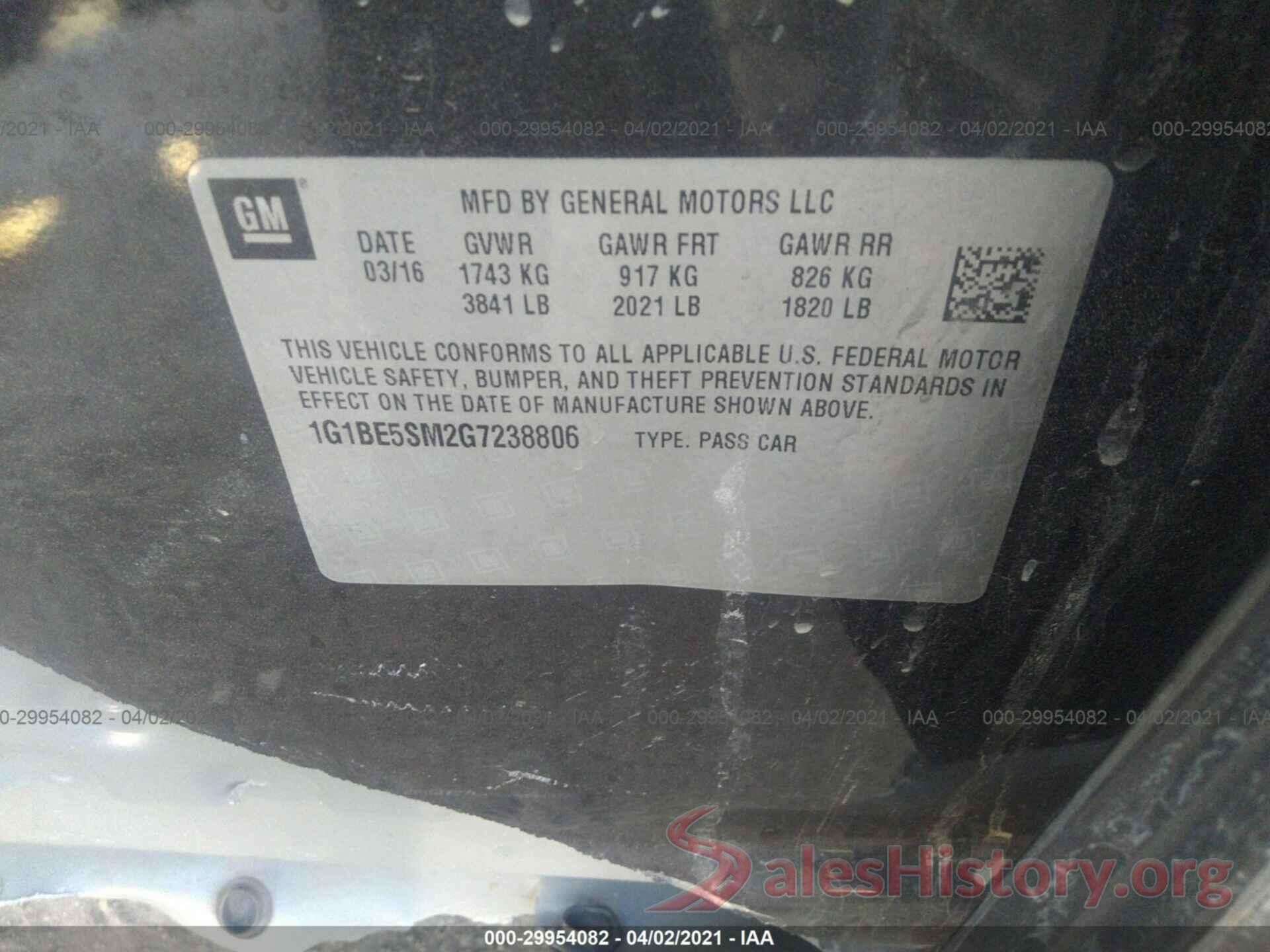 1G1BE5SM2G7238806 2016 CHEVROLET CRUZE