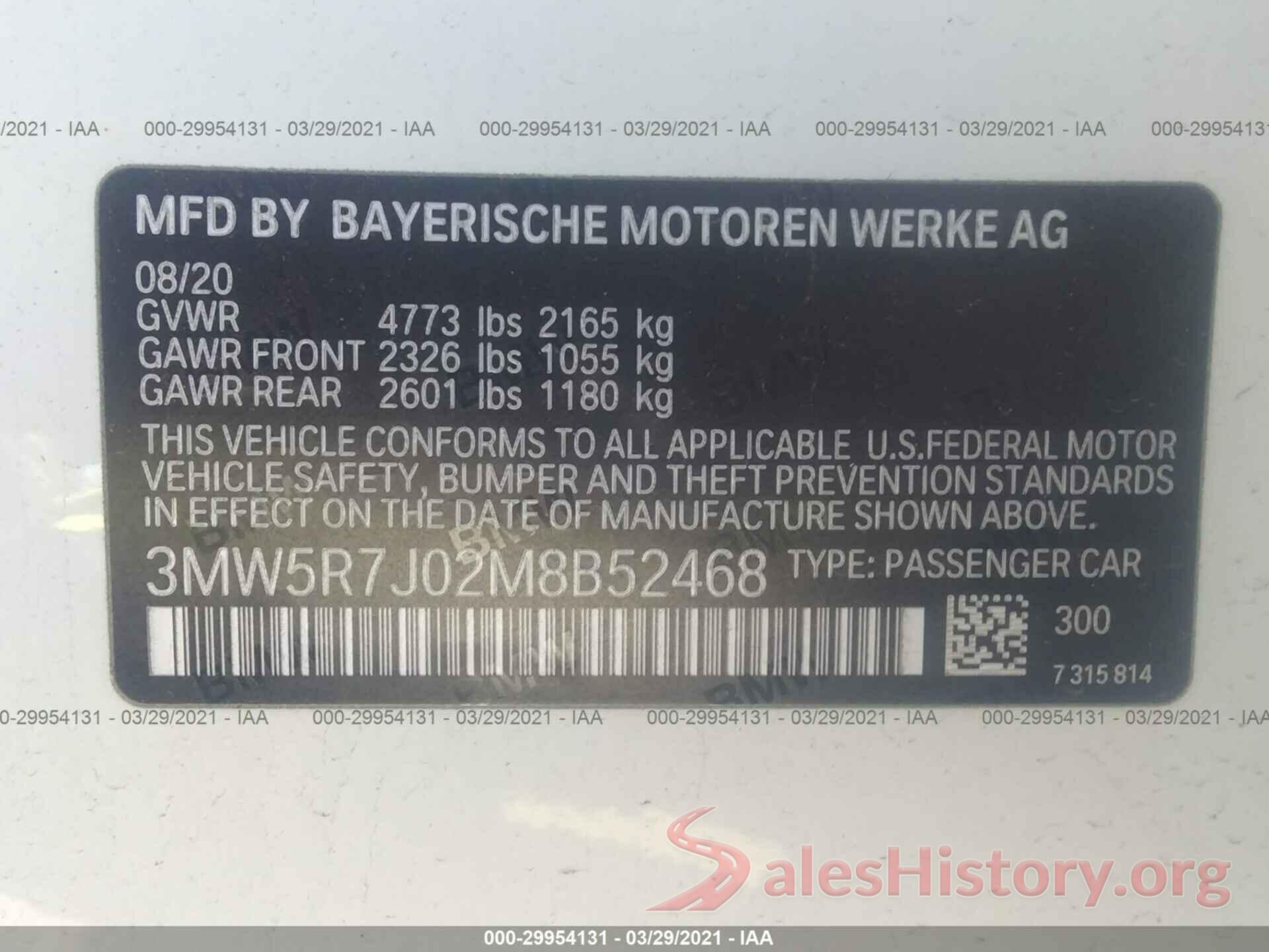 3MW5R7J02M8B52468 2021 BMW 3 SERIES