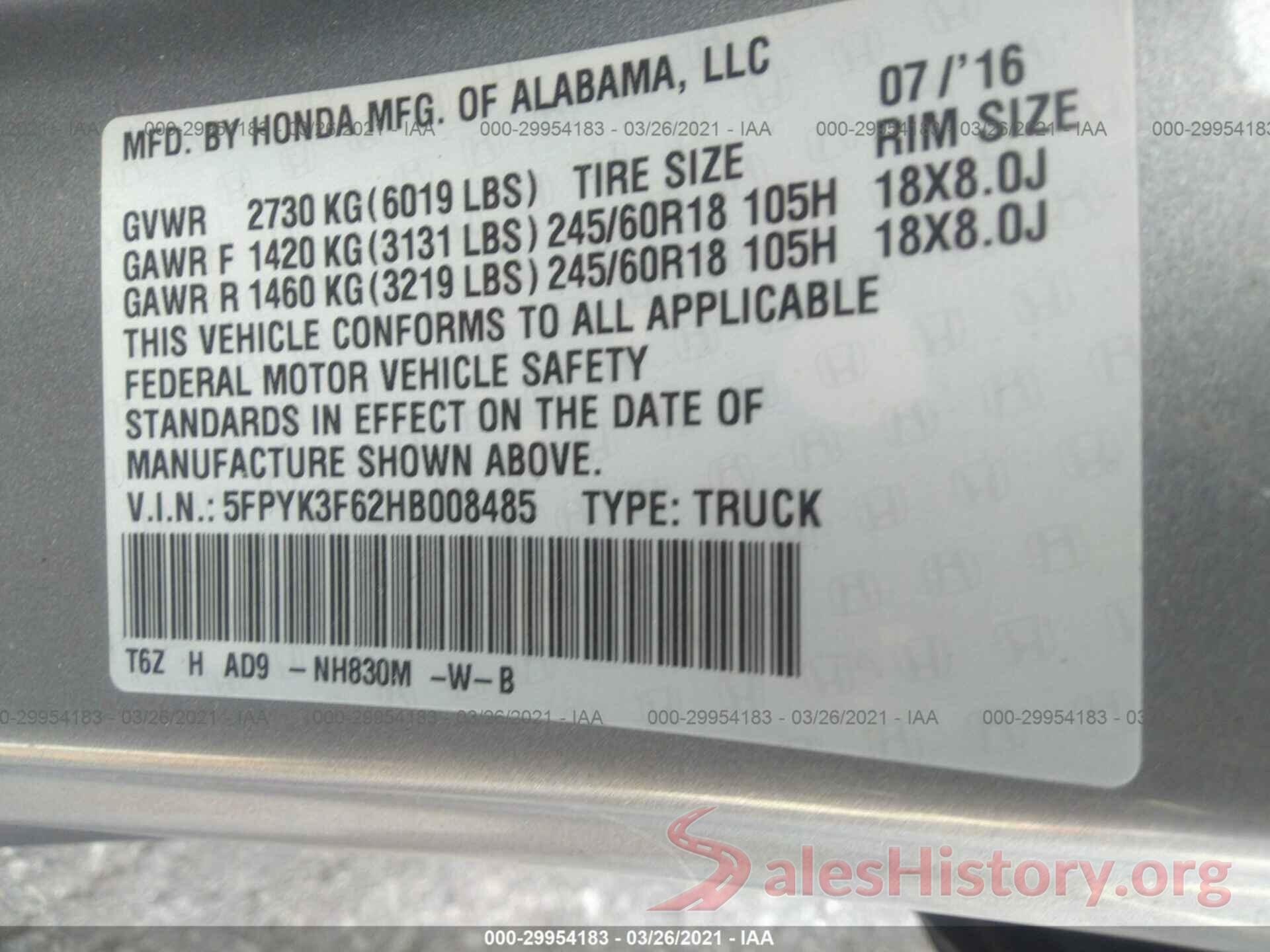 5FPYK3F62HB008485 2017 HONDA RIDGELINE