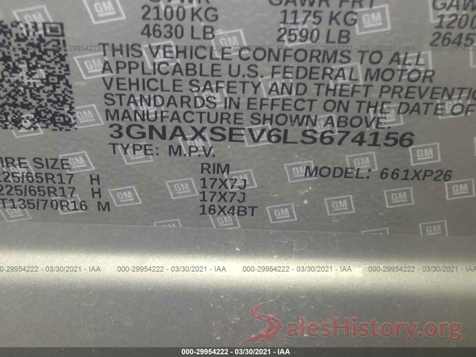 3GNAXSEV6LS674156 2020 CHEVROLET EQUINOX