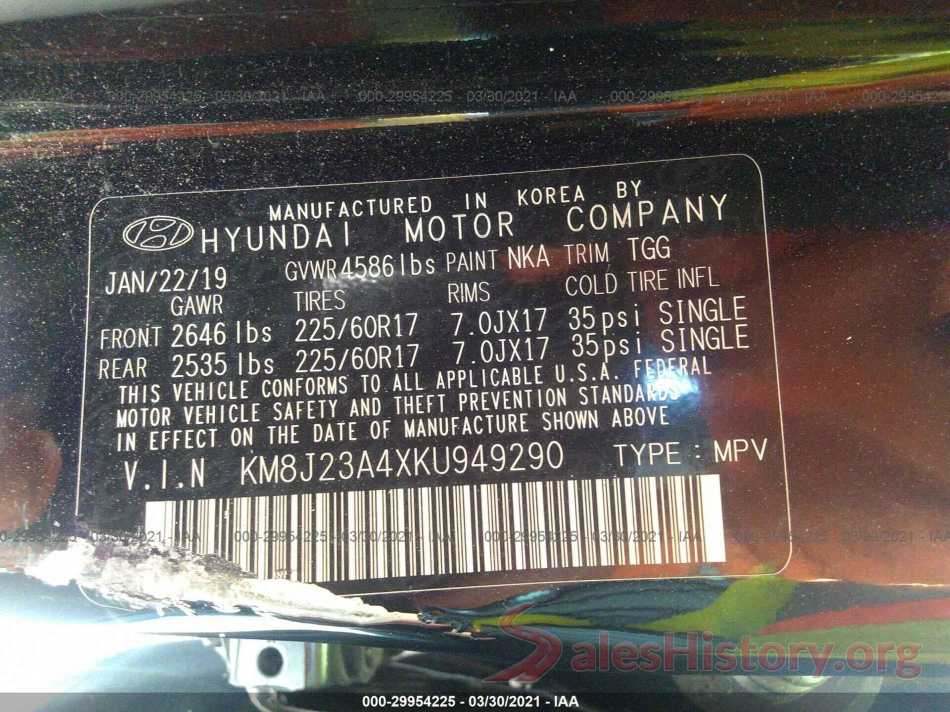 KM8J23A4XKU949290 2019 HYUNDAI TUCSON