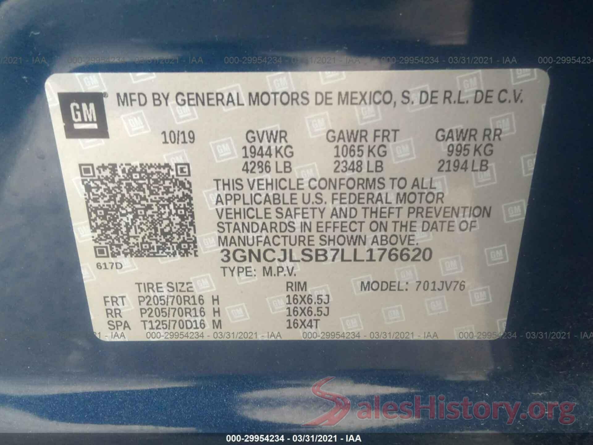 3GNCJLSB7LL176620 2020 CHEVROLET TRAX