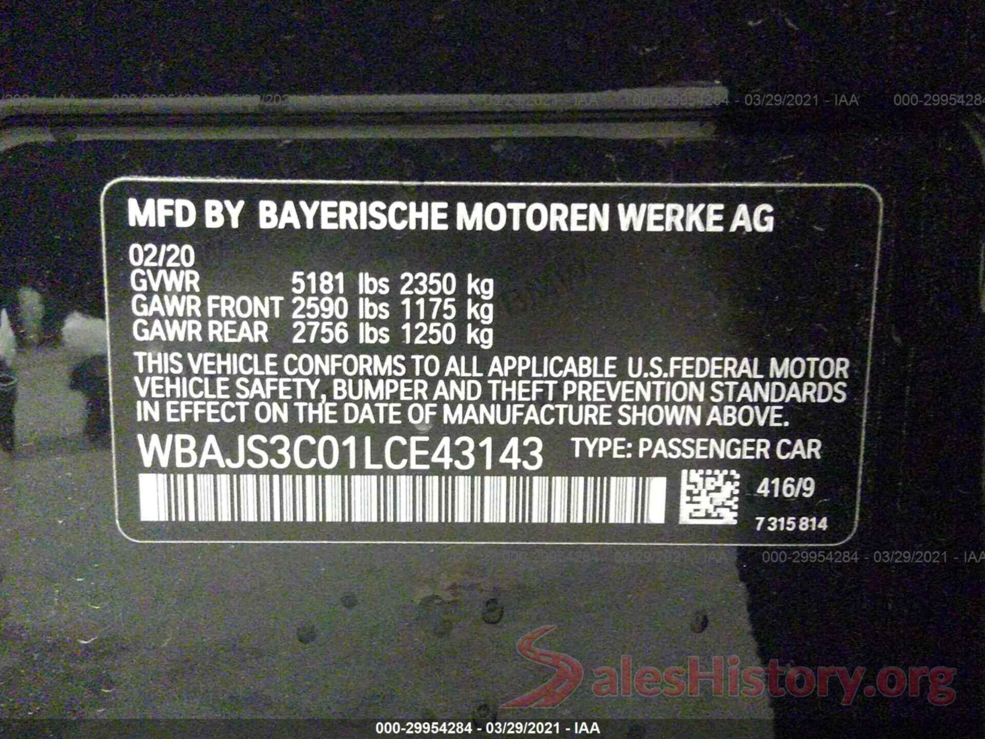 WBAJS3C01LCE43143 2020 BMW 5 SERIES