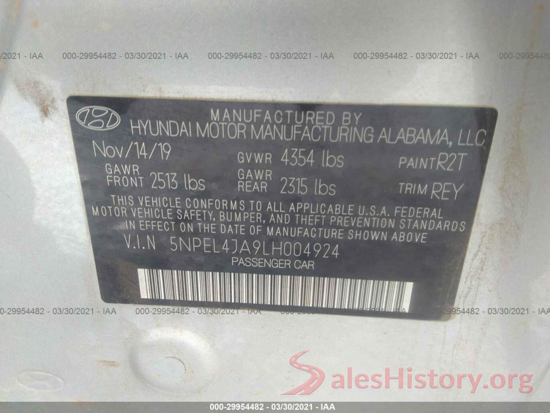 5NPEL4JA9LH004924 2020 HYUNDAI SONATA