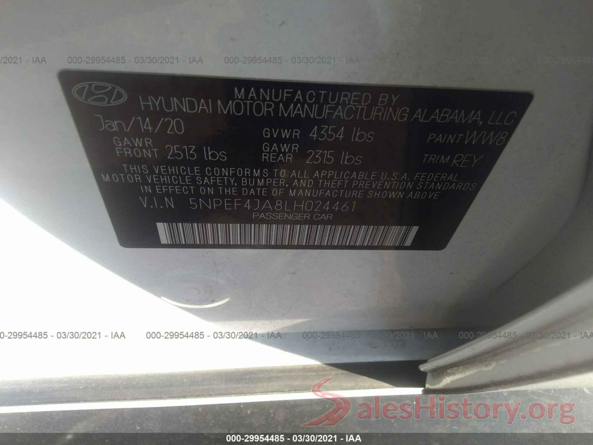 5NPEF4JA8LH024461 2020 HYUNDAI SONATA