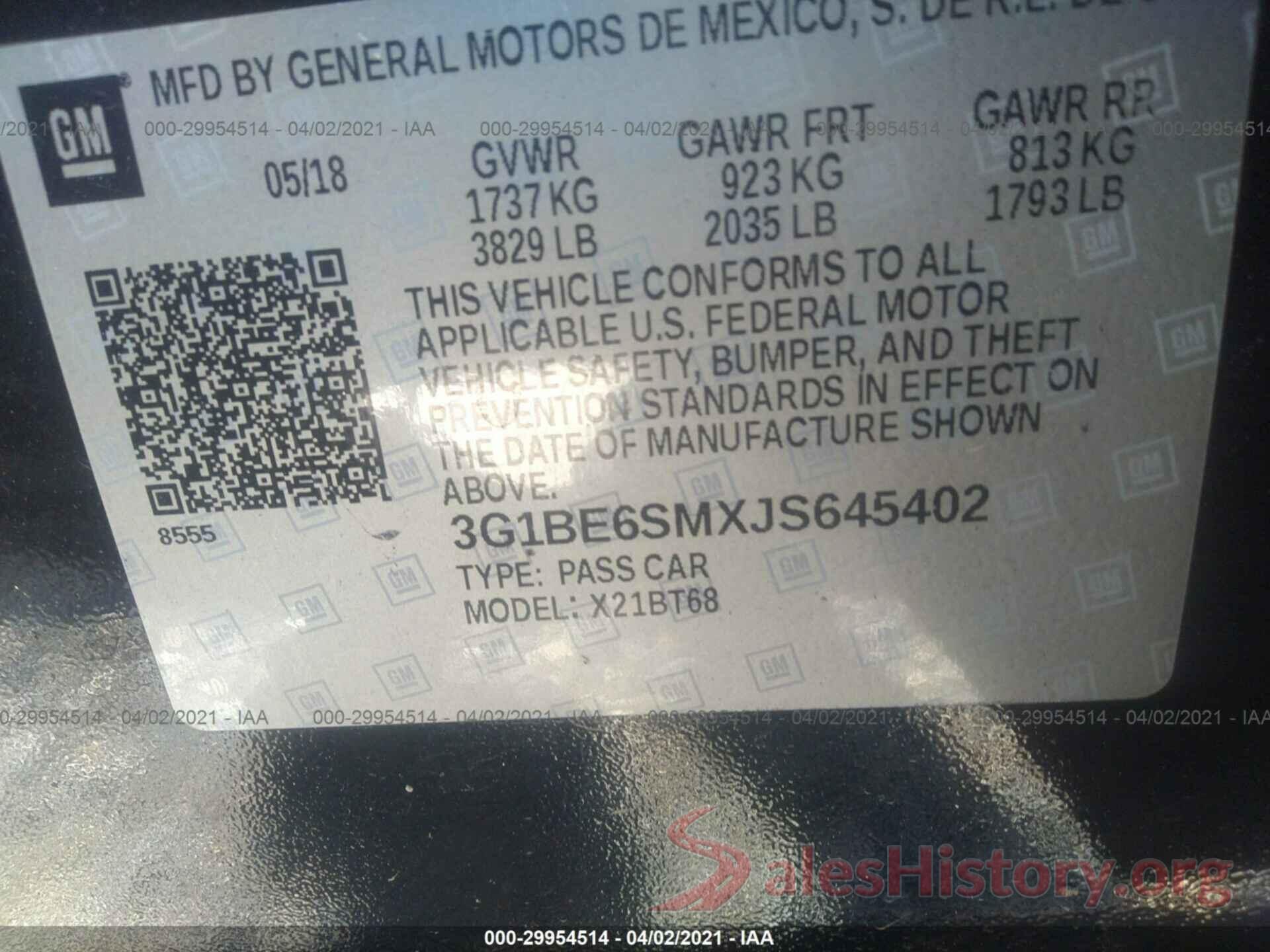 3G1BE6SMXJS645402 2018 CHEVROLET CRUZE