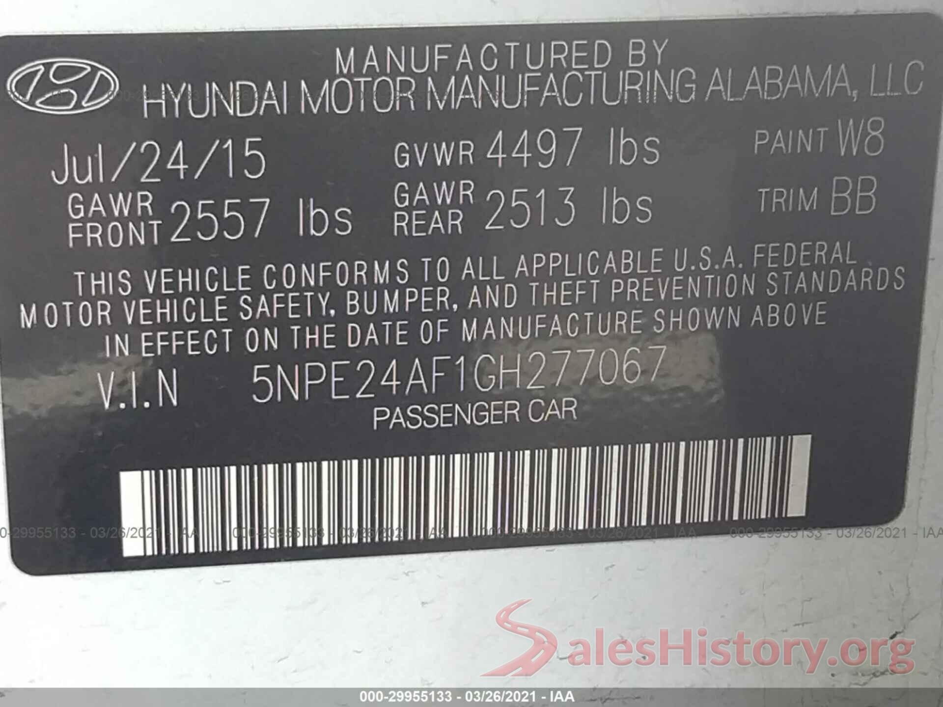 5NPE24AF1GH277067 2016 HYUNDAI SONATA