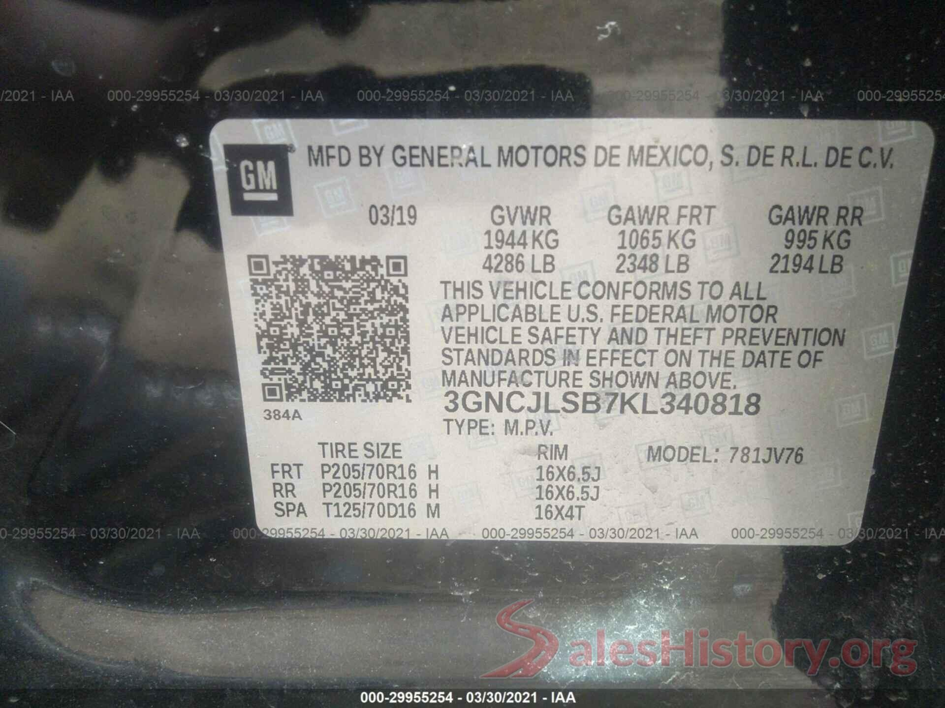 3GNCJLSB7KL340818 2019 CHEVROLET TRAX