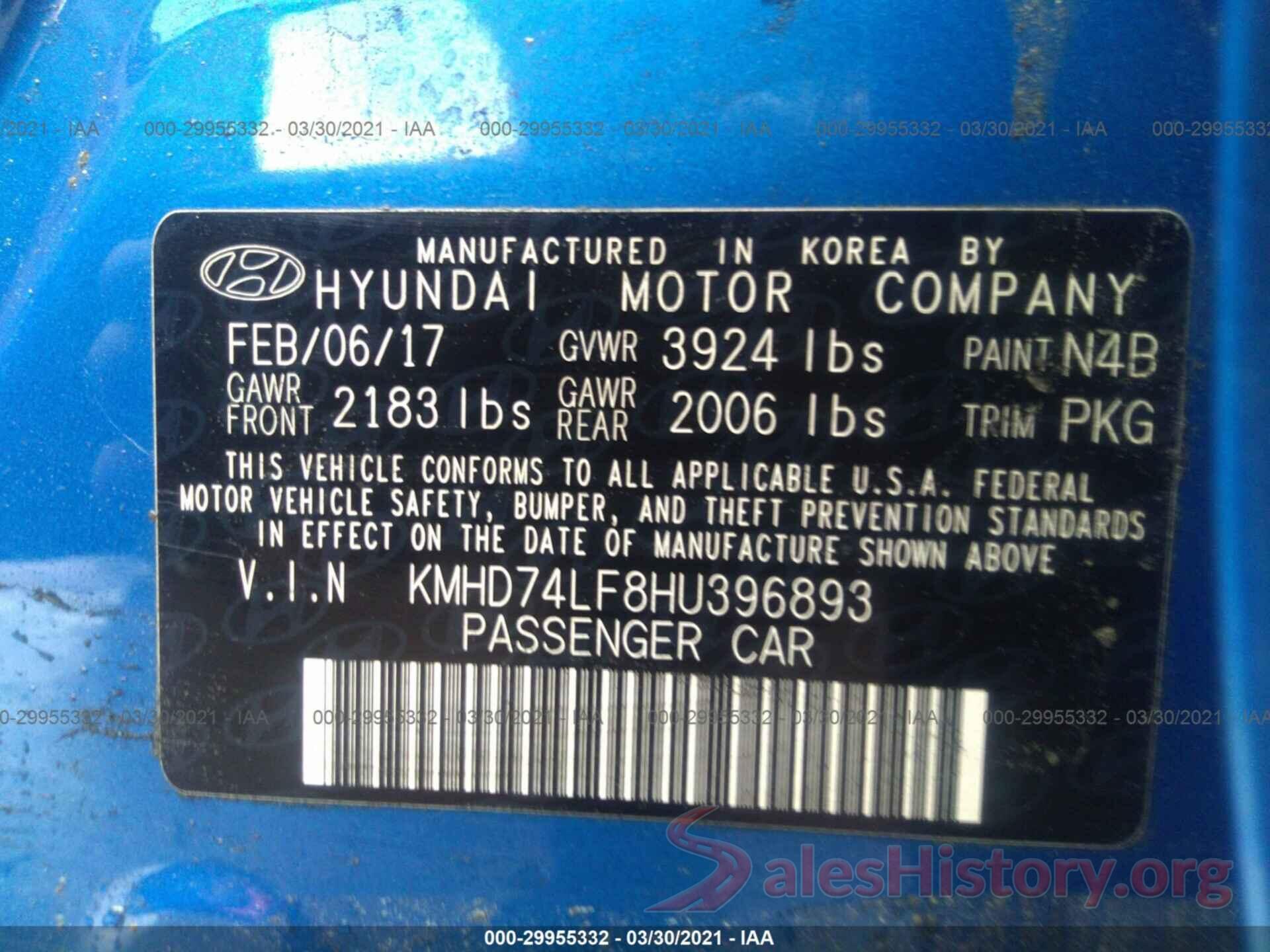 KMHD74LF8HU396893 2017 HYUNDAI ELANTRA