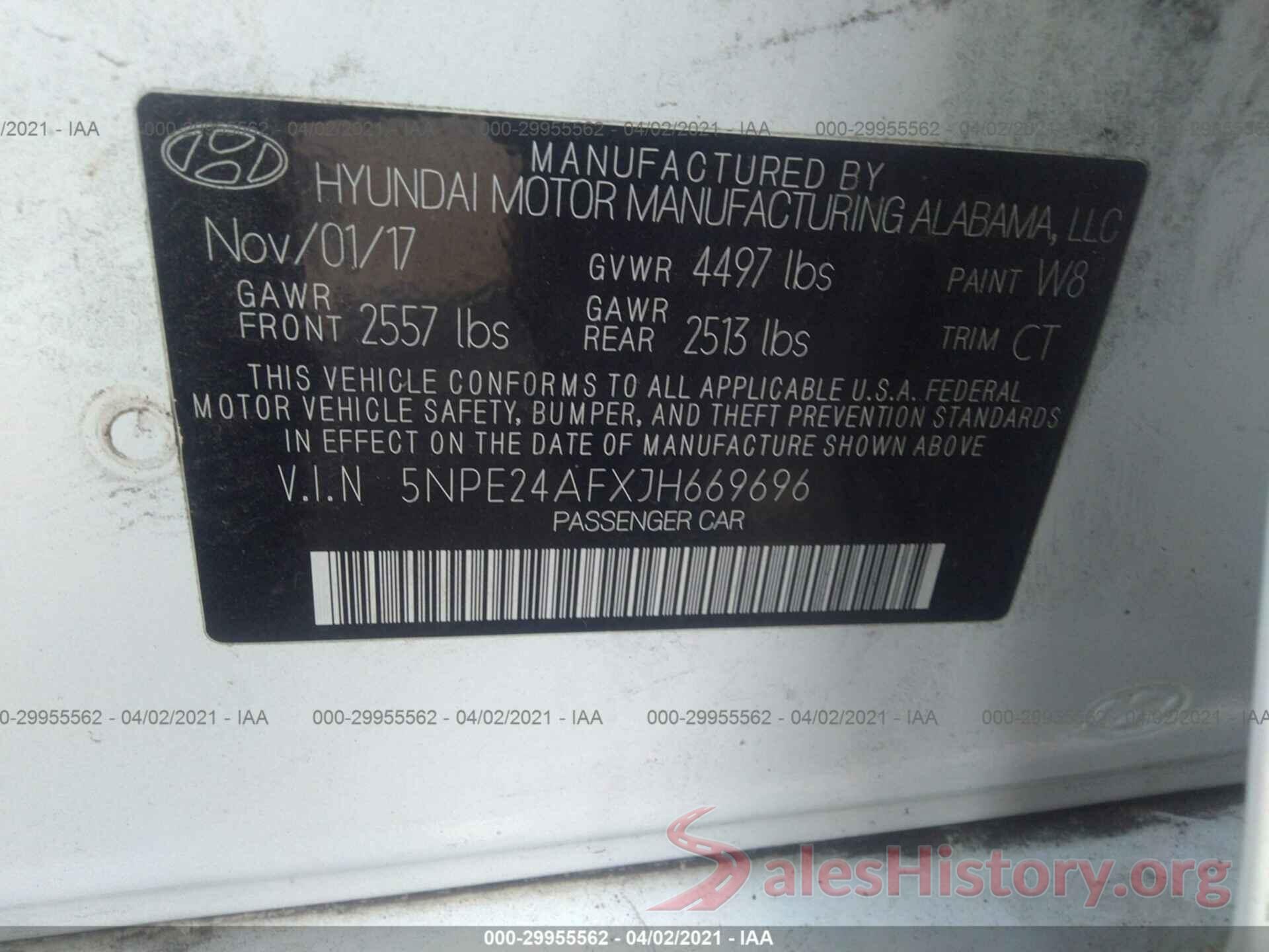 5NPE24AFXJH669696 2018 HYUNDAI SONATA