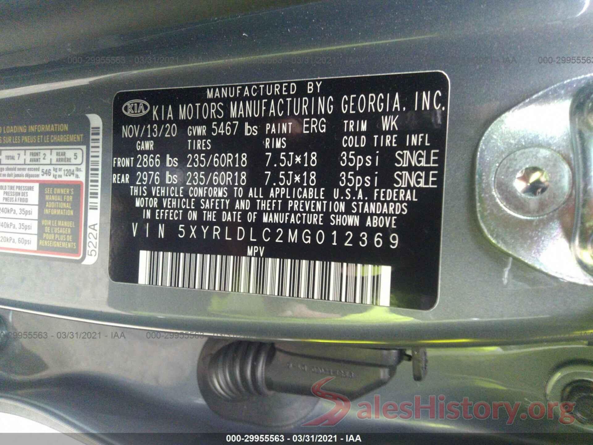 5XYRLDLC2MG012369 2021 KIA SORENTO