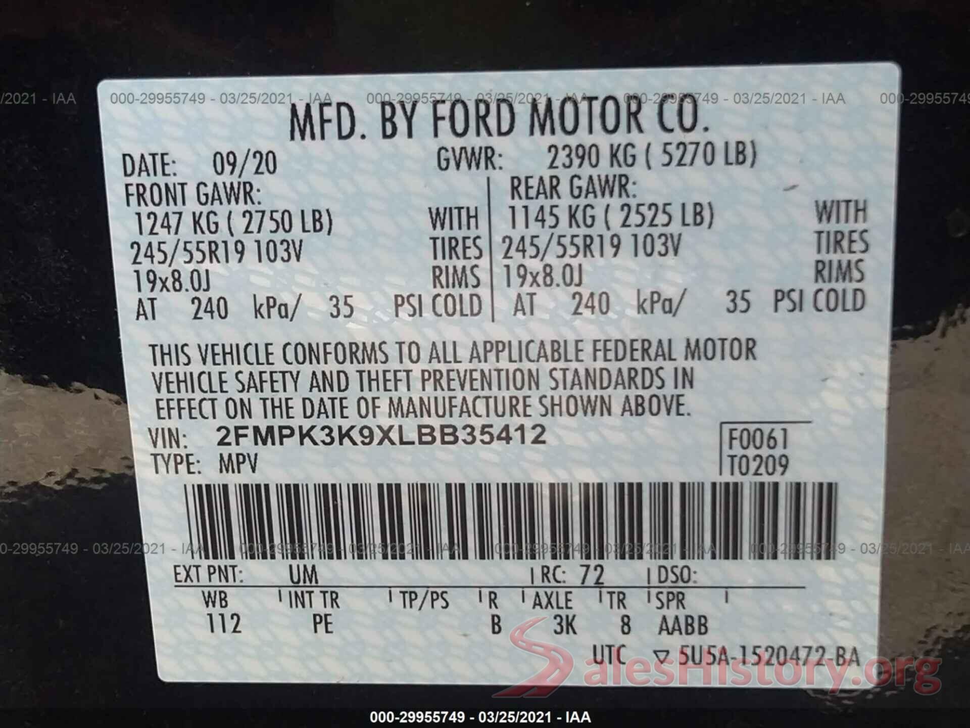 2FMPK3K9XLBB35412 2020 FORD EDGE