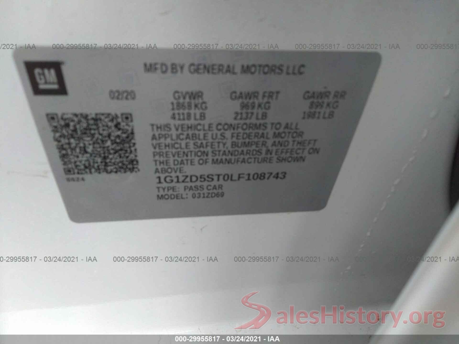 1G1ZD5ST0LF108743 2020 CHEVROLET MALIBU