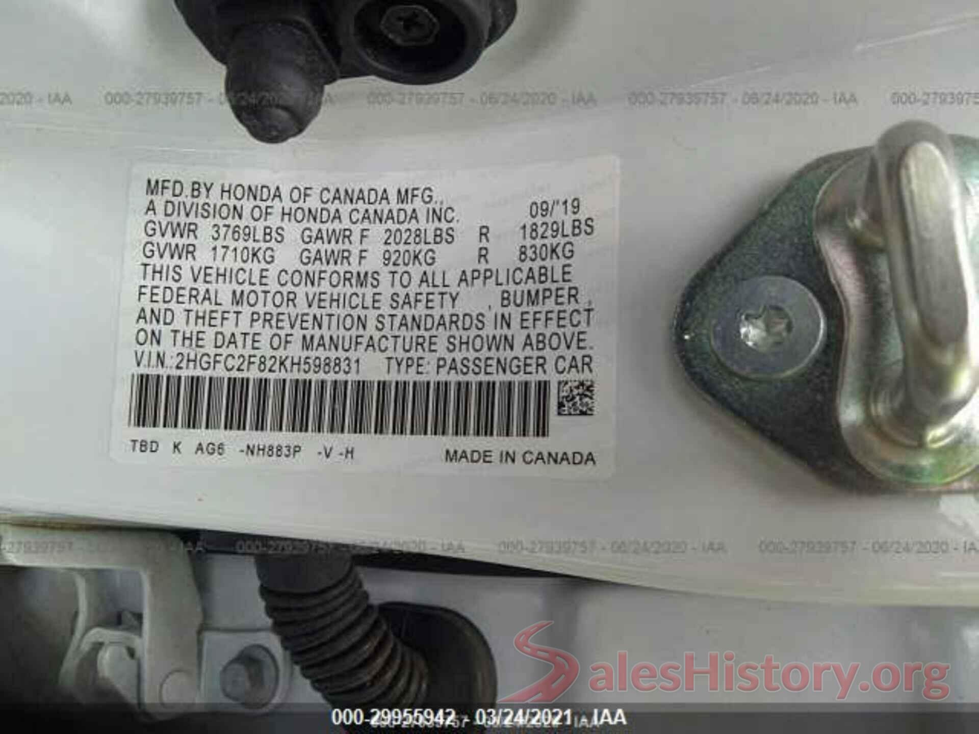 2HGFC2F82KH598831 2019 HONDA CIVIC SEDAN