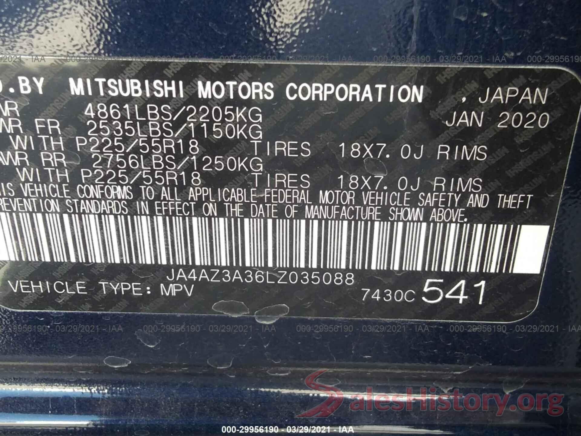 JA4AZ3A36LZ035088 2020 MITSUBISHI OUTLANDER