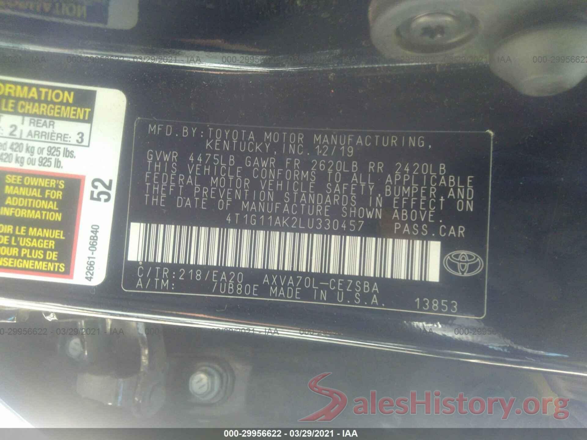 4T1G11AK2LU330457 2020 TOYOTA CAMRY