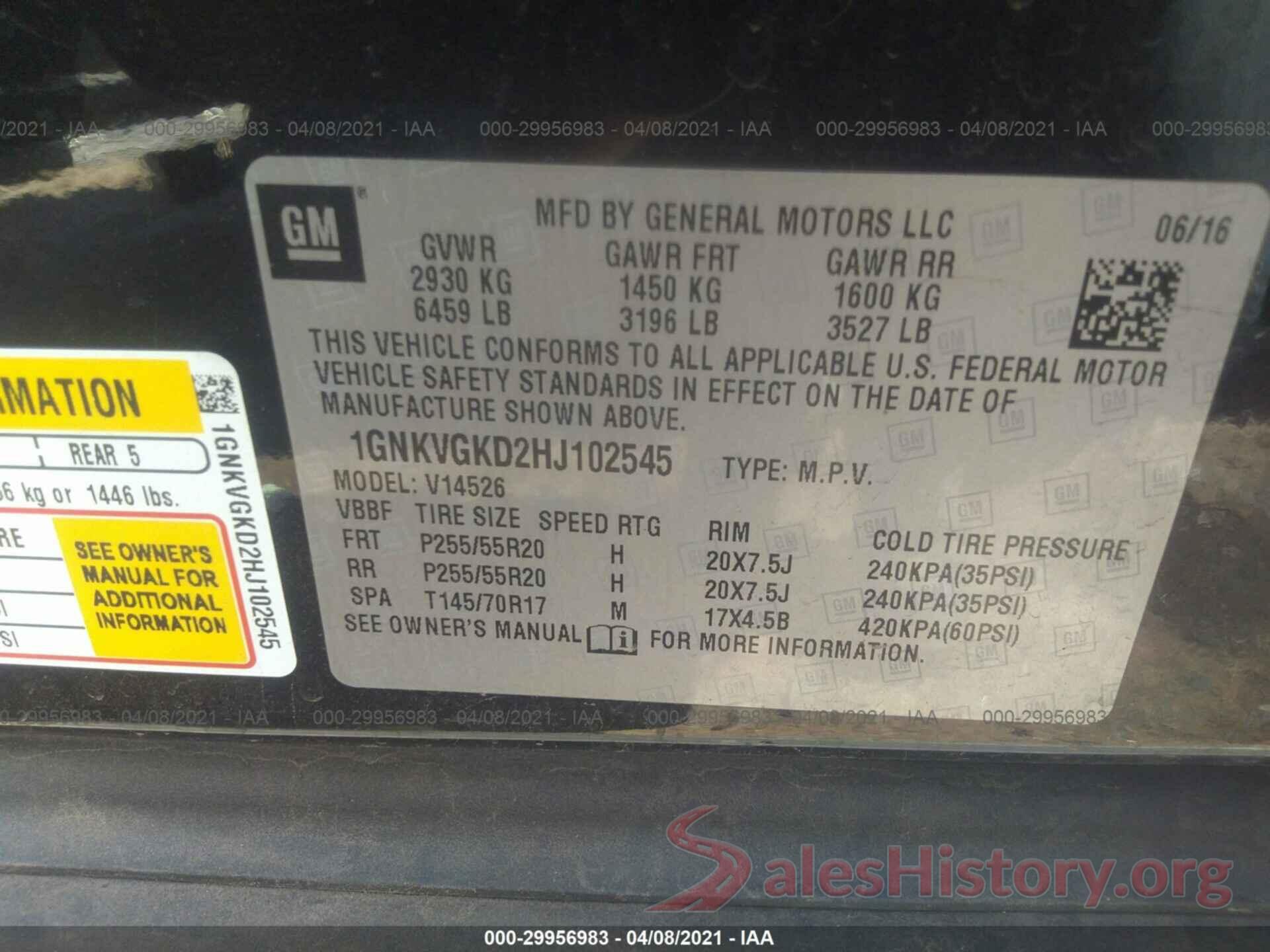 1GNKVGKD2HJ102545 2017 CHEVROLET TRAVERSE