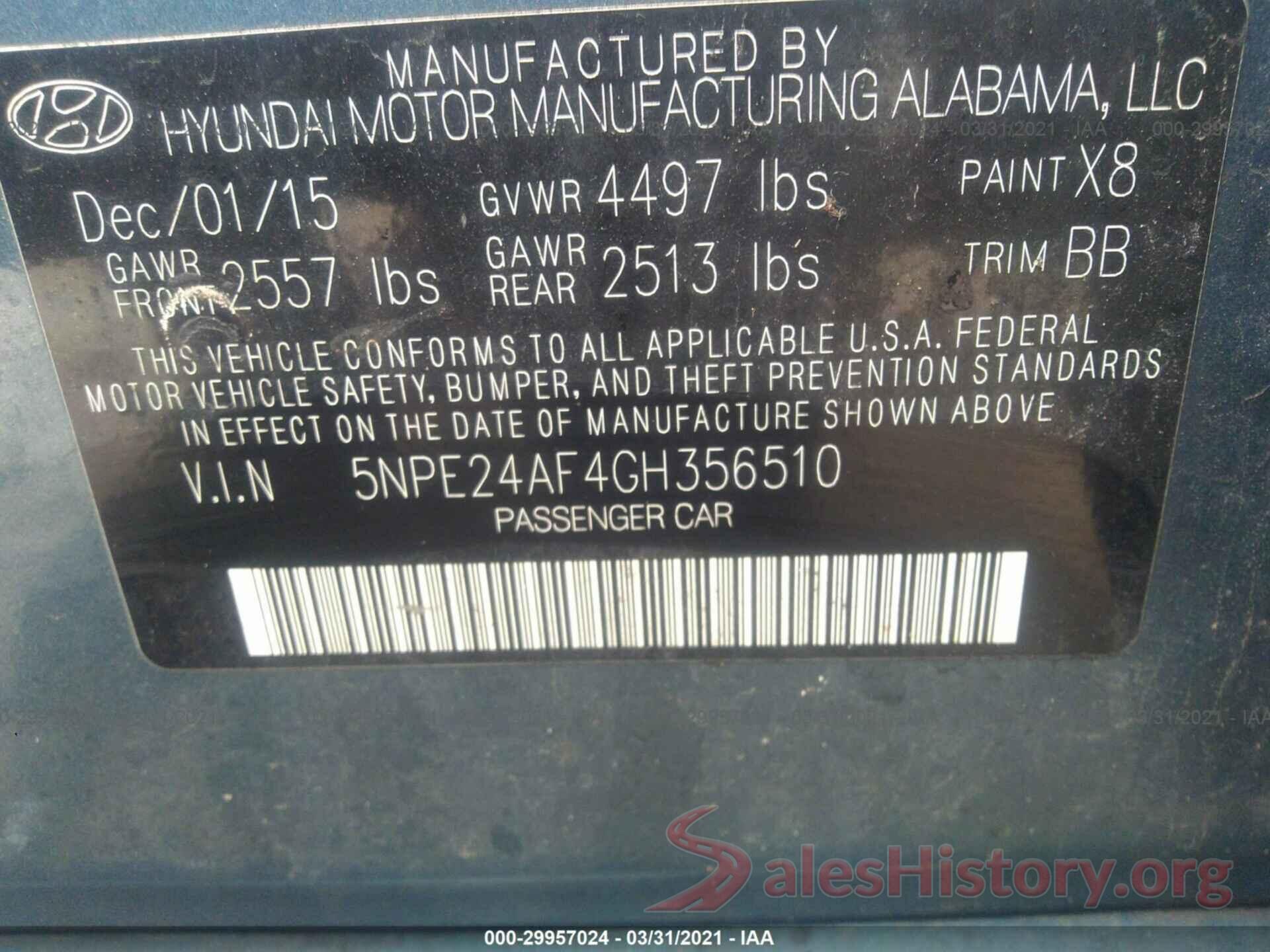 5NPE24AF4GH356510 2016 HYUNDAI SONATA