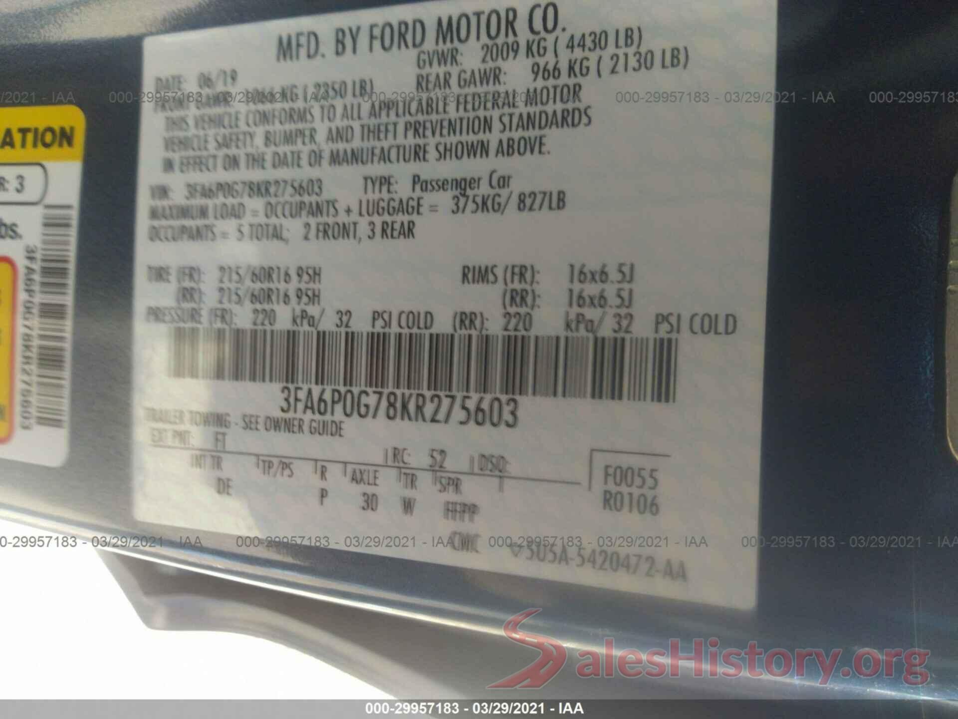 3FA6P0G78KR275603 2019 FORD FUSION