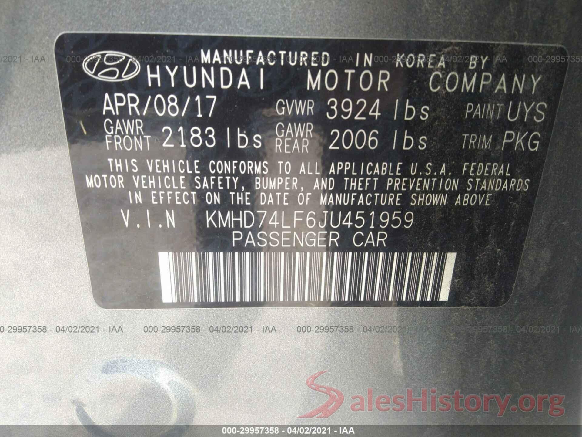 KMHD74LF6JU451959 2018 HYUNDAI ELANTRA