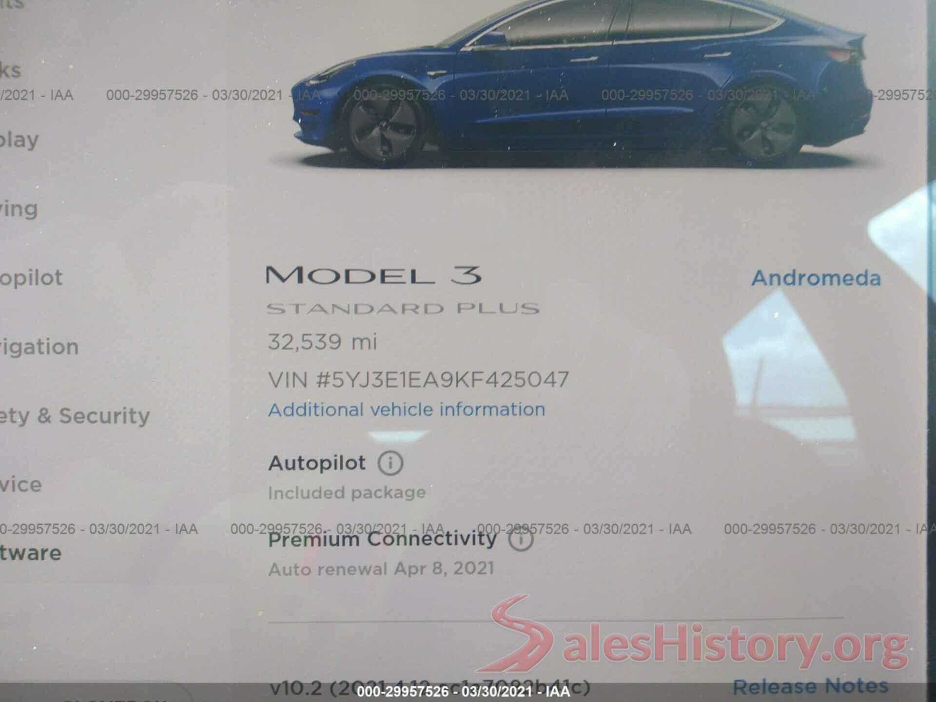 5YJ3E1EA9KF425047 2019 TESLA MODEL 3