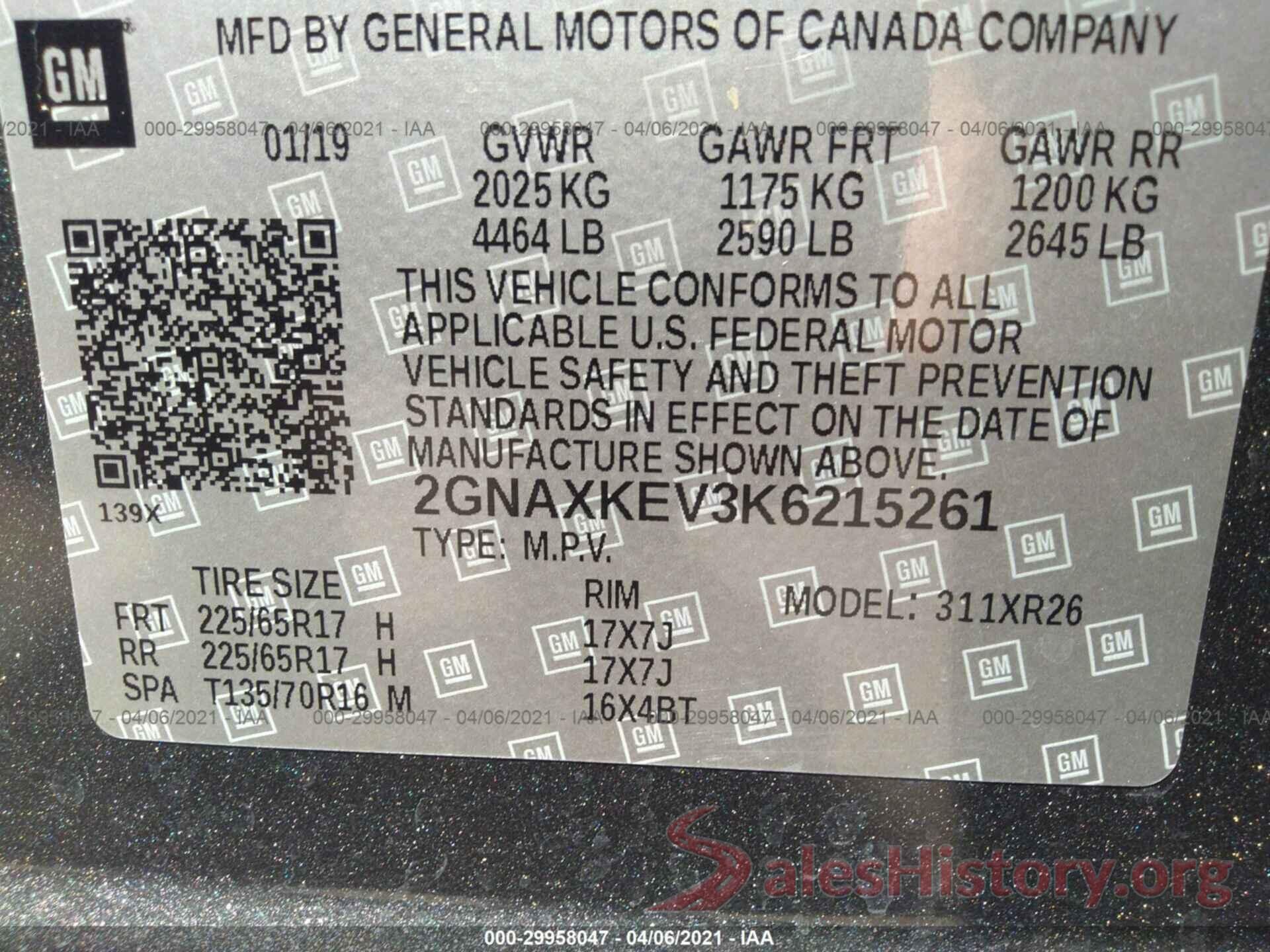 2GNAXKEV3K6215261 2019 CHEVROLET EQUINOX