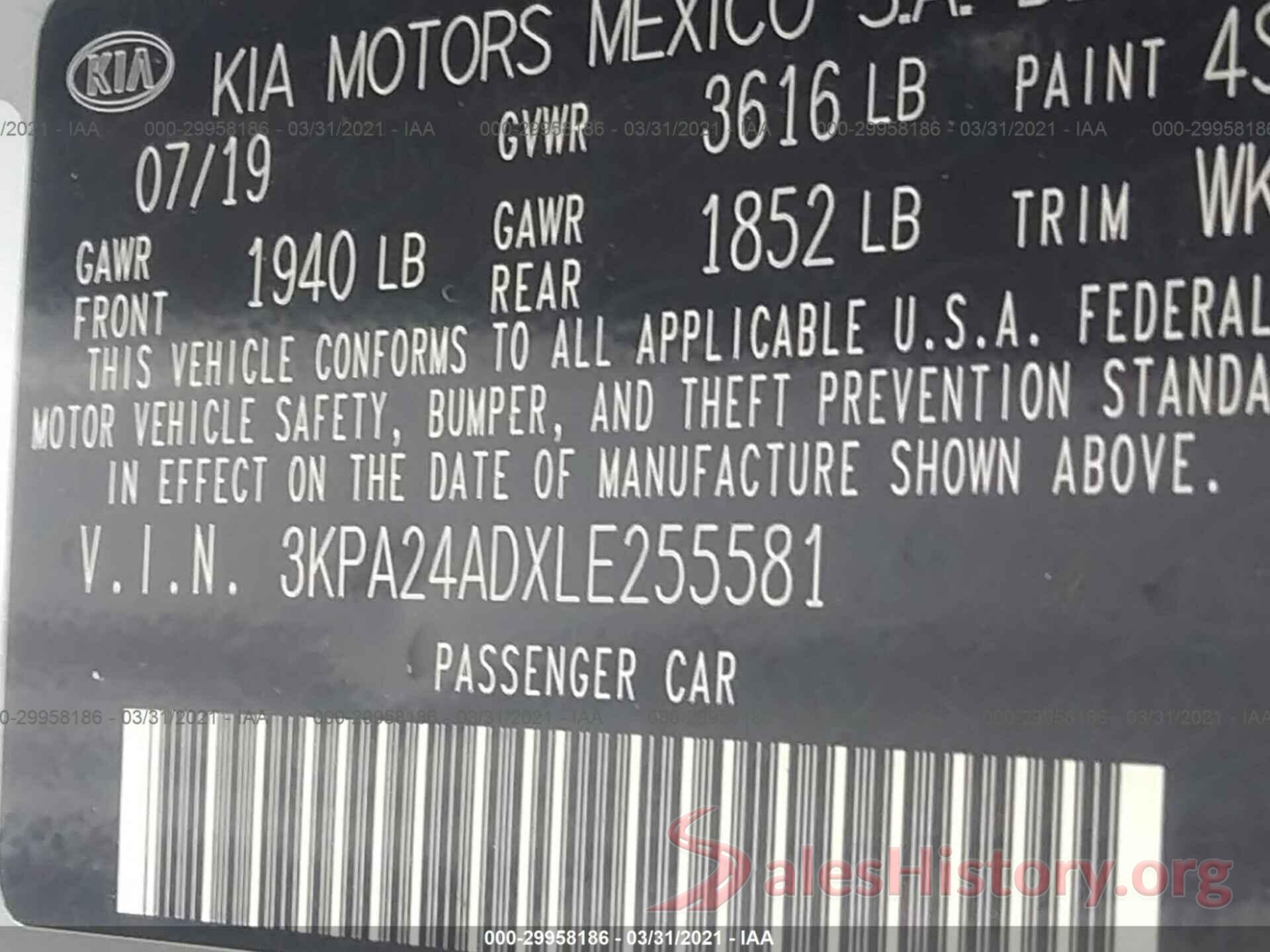 3KPA24ADXLE255581 2020 KIA RIO