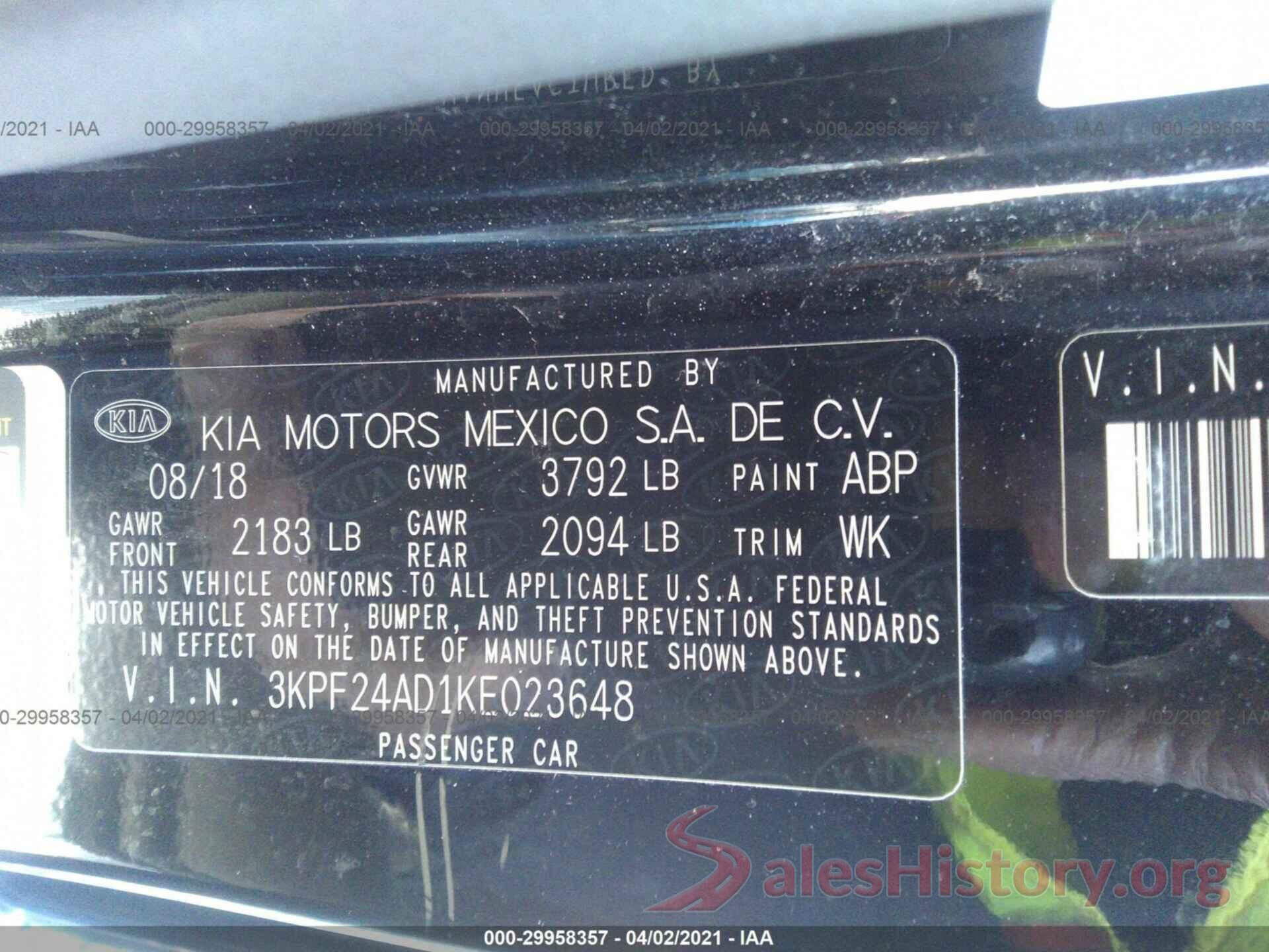 3KPF24AD1KE023648 2019 KIA FORTE